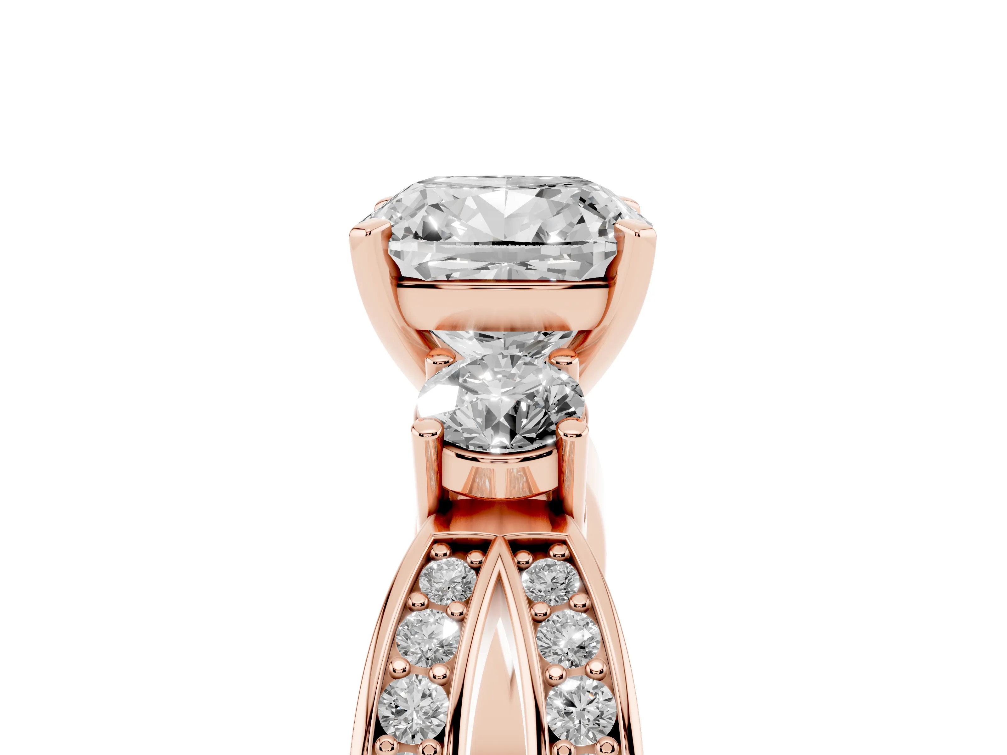 Three-Stone Cushion Cut Diamond Twist Band Ring Set in Rose gold with Pavé Accents and Prong Setting