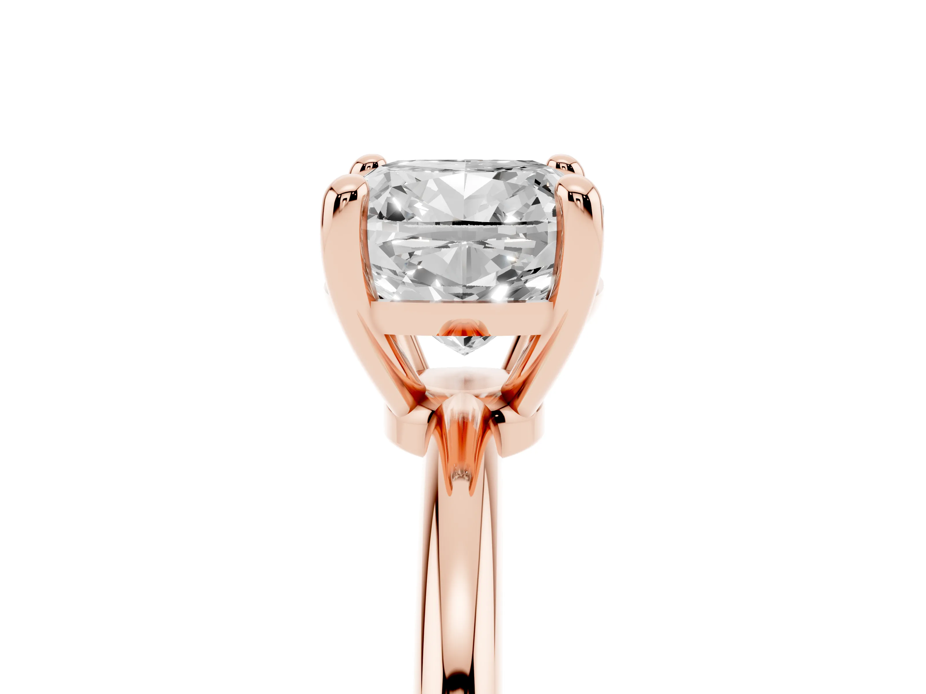 Cushion Cut Diamond Solitaire Ring Set in Rose gold with Secure Prong Setting on a Classic Band