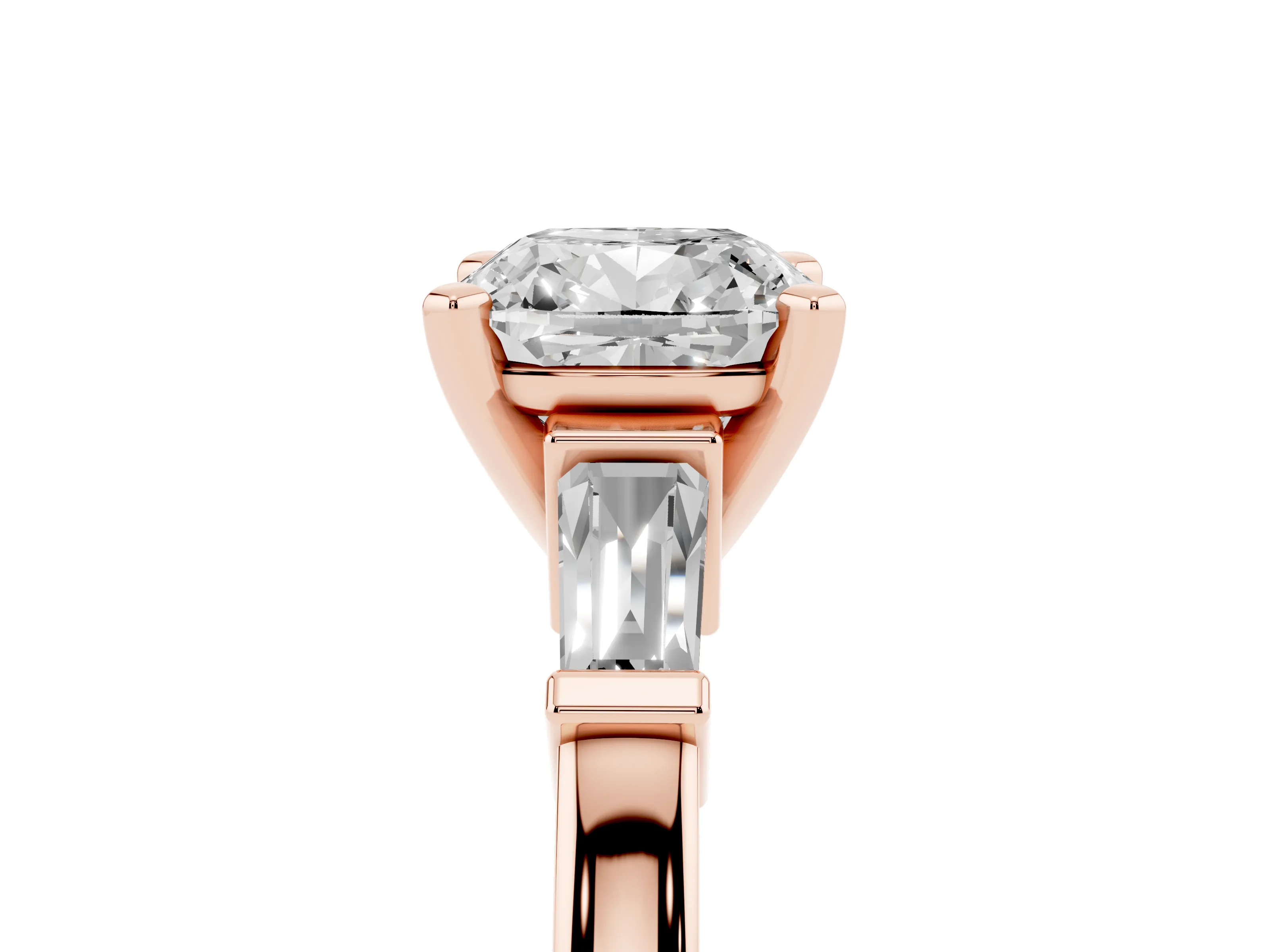 Cushion Cut Diamond Solitaire Ring Set in Rose gold with Tapered Baguette Accents and Prong Setting