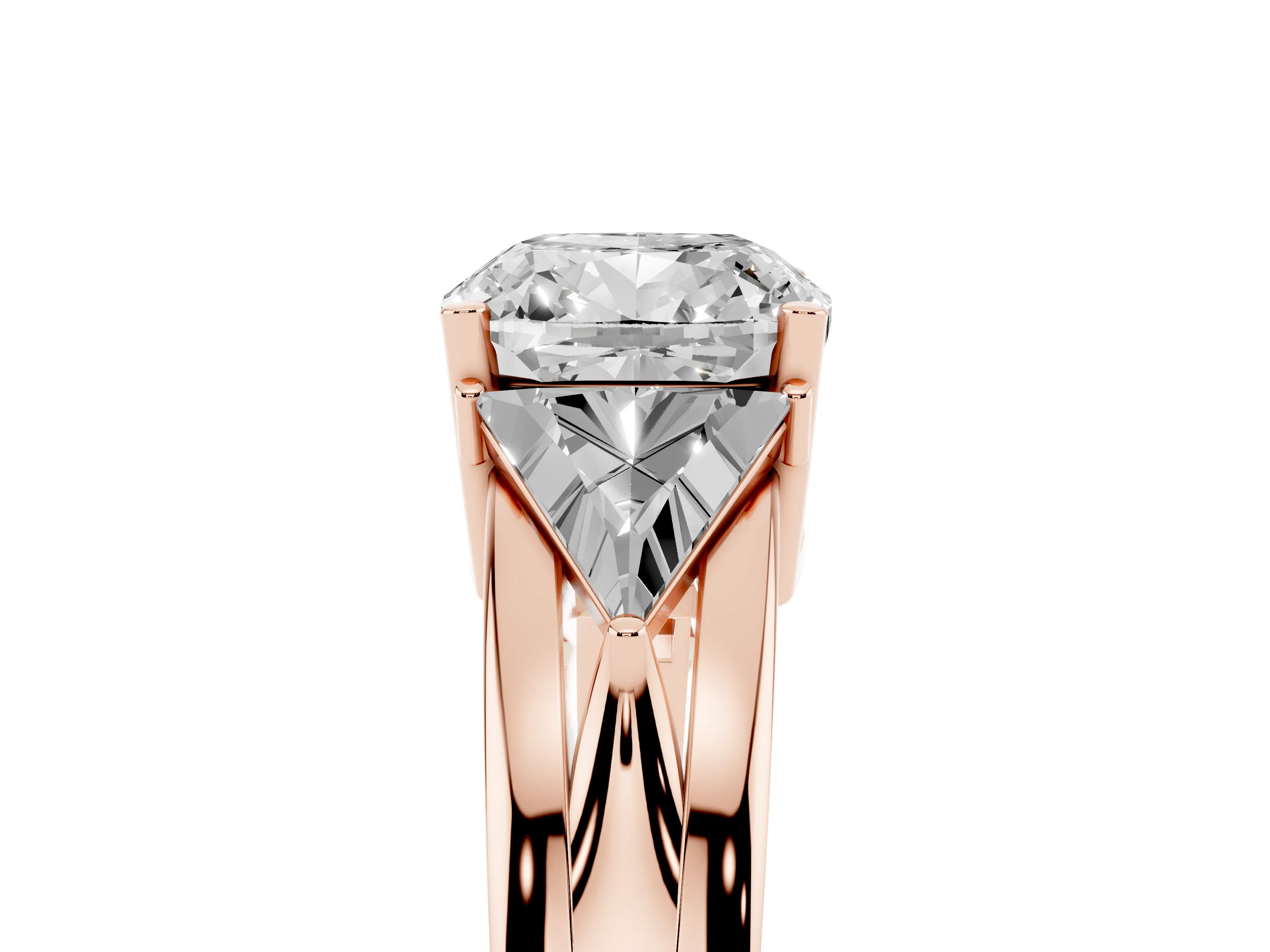 Cushion Cut Diamond Three-Stone Ring Set in Rose gold with Trillion Side Stones and Split Shank