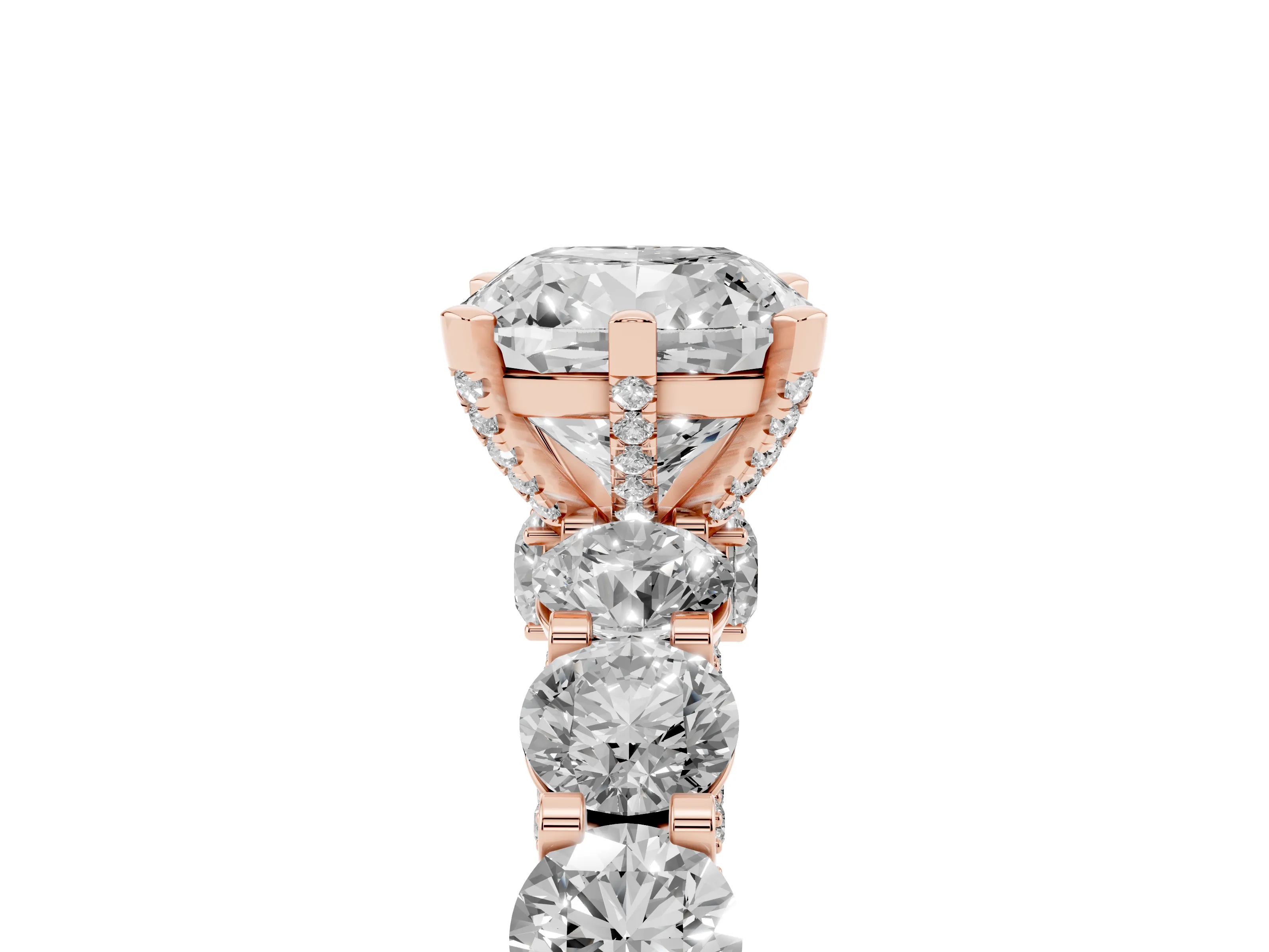 Cushion Cut Diamond Side Stone Ring Set in Rose gold with Alternating Round and Oval Side Stones