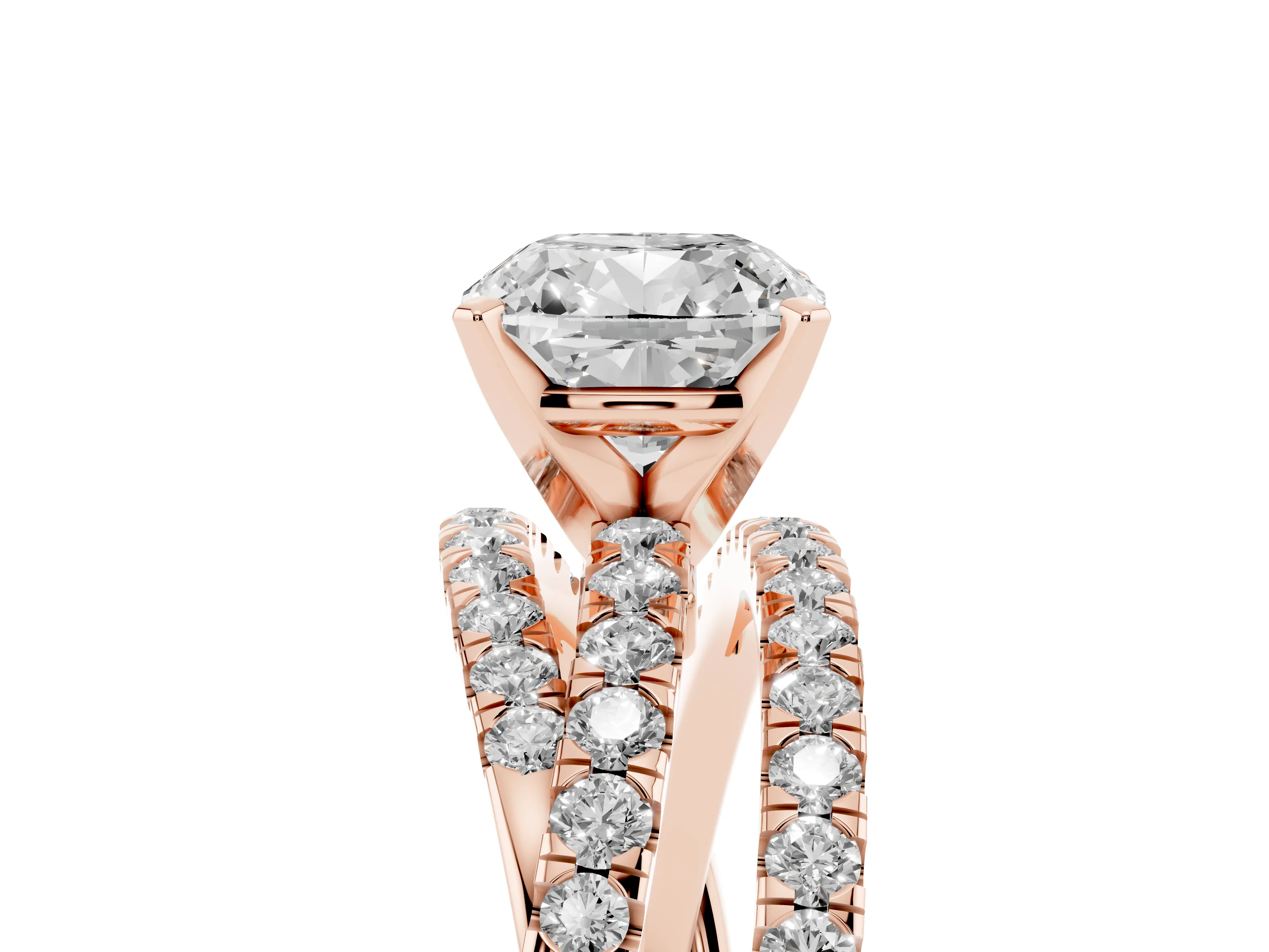 Cushion Cut Diamond Solitaire Twist Band Ring Set in Rose gold with Pavé Setting and Prong Head