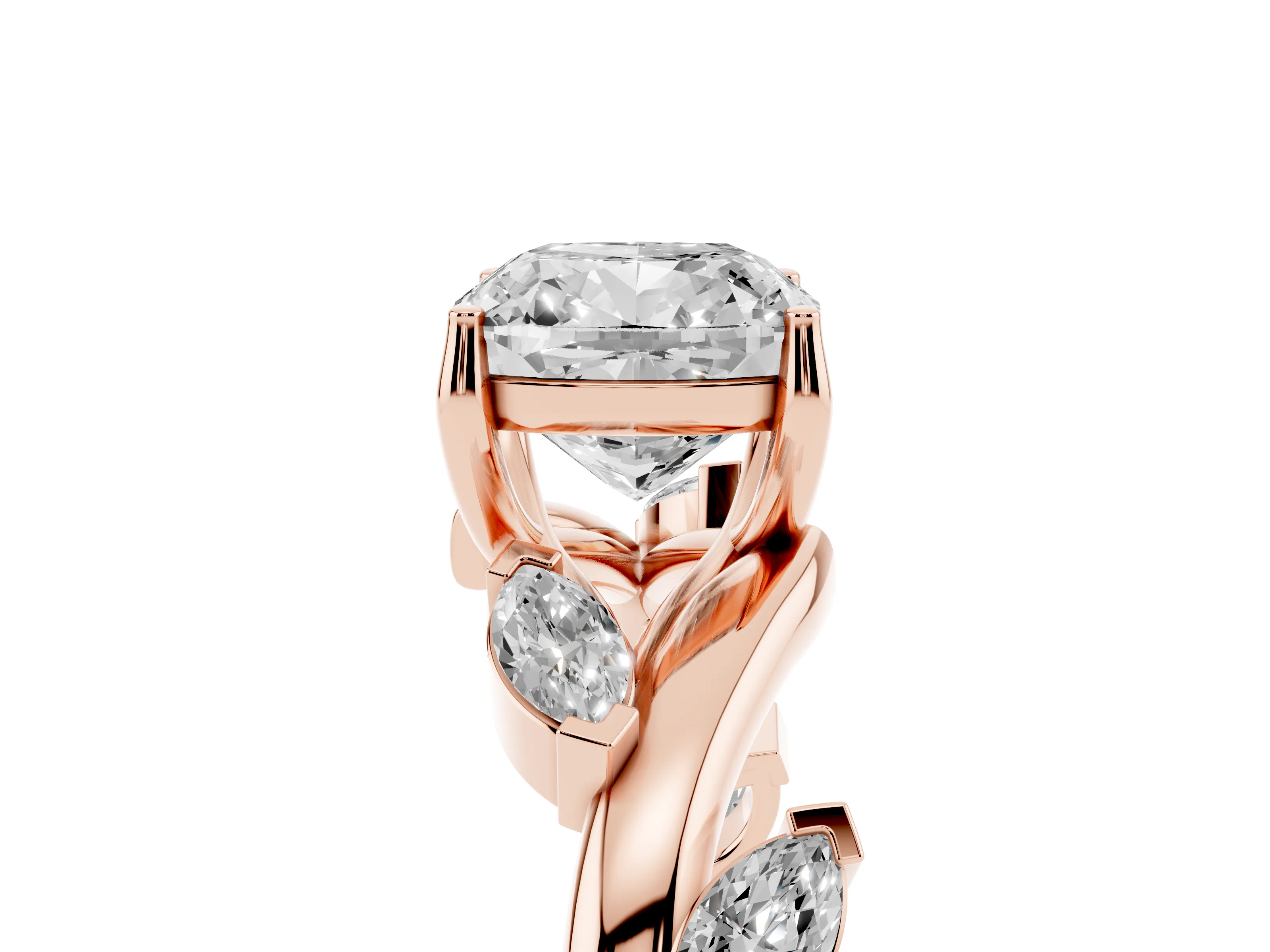 Cushion Cut Diamond Solitaire Ring Set in Rose gold with Twisted Marquise Accent Band