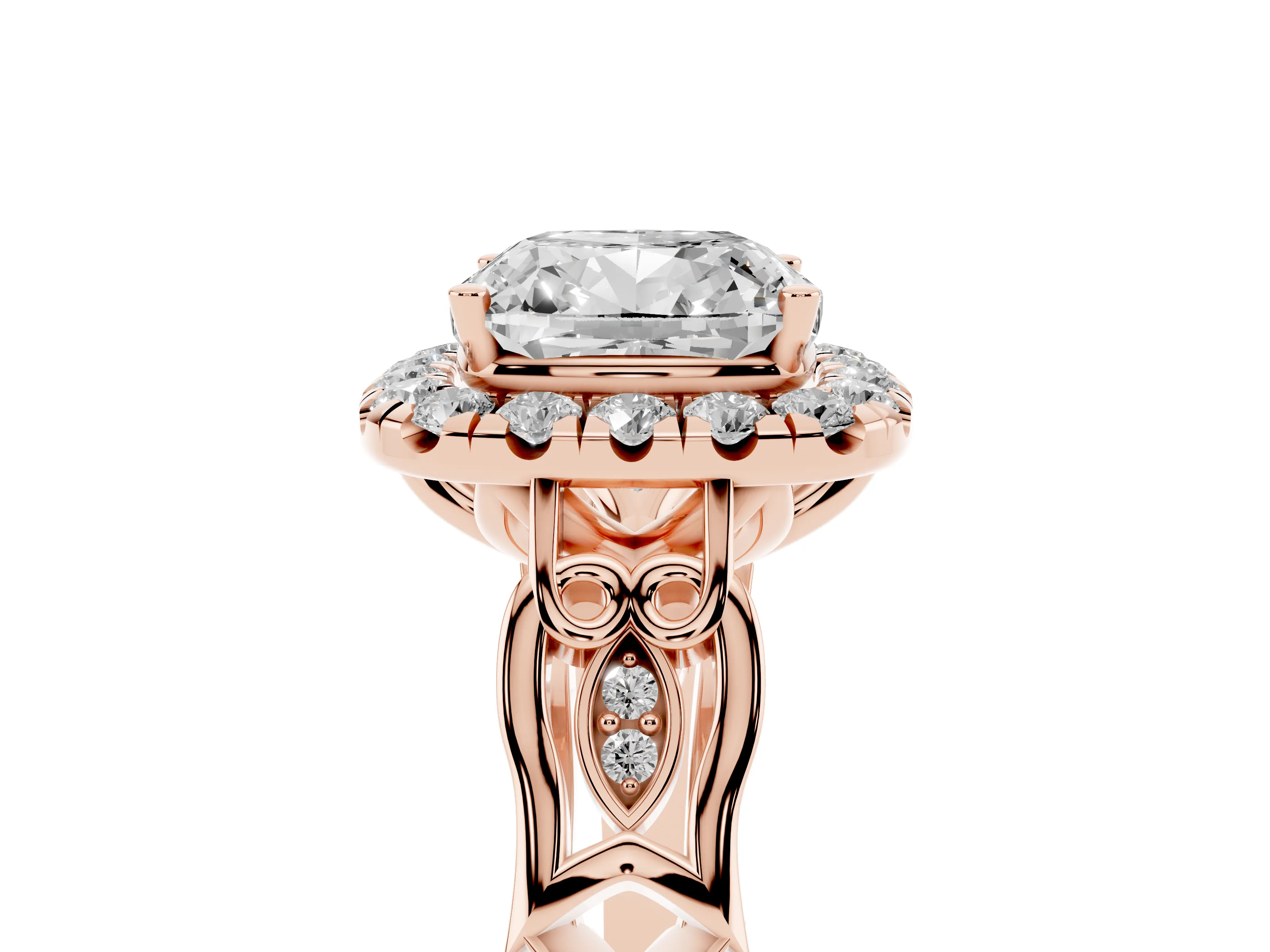 Cushion Cut Diamond Halo Engagement Ring Set in Rose gold with Filigree Band and Prong-Set Center