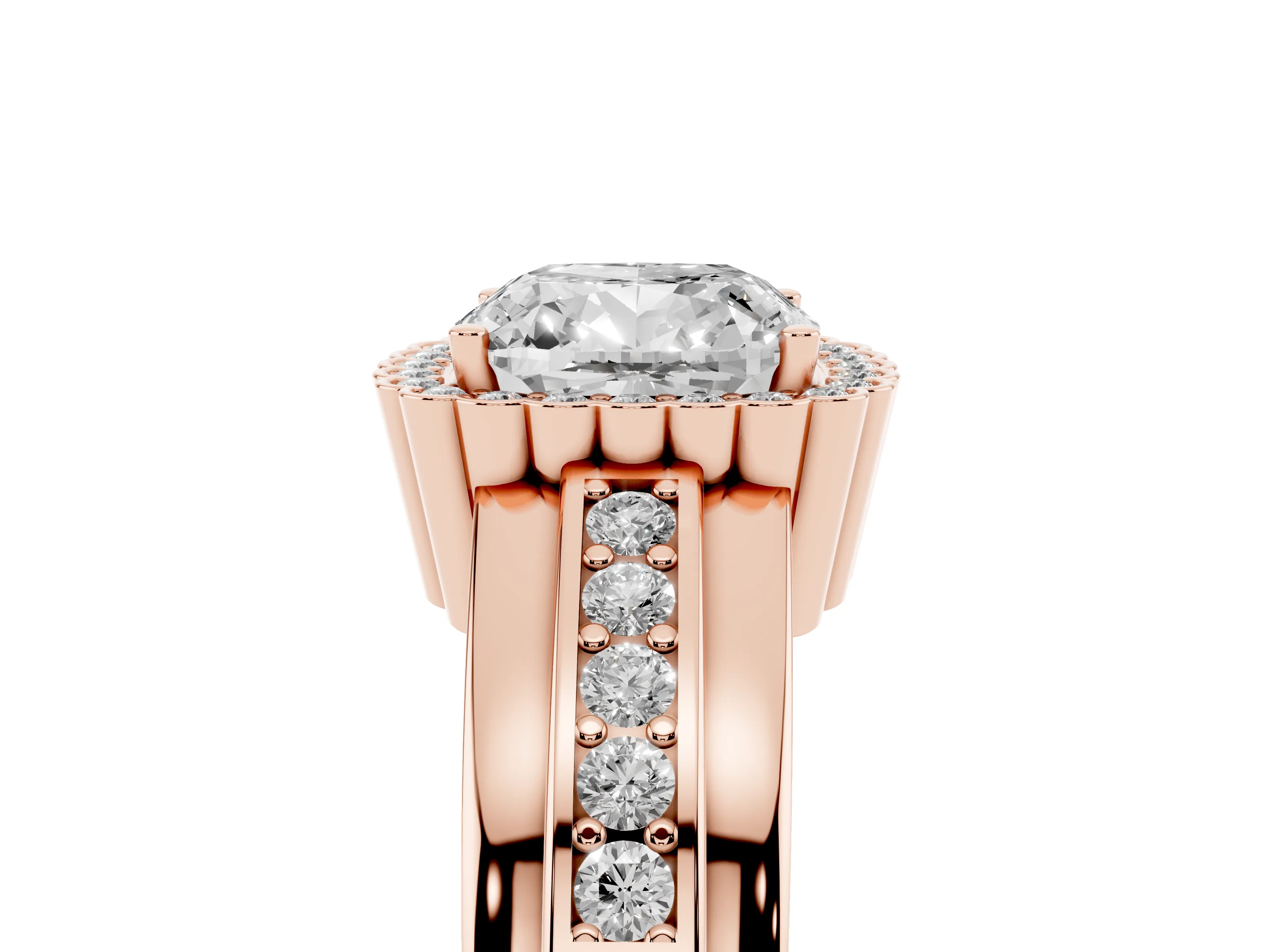 Cushion Cut Diamond Halo Prong Ring Set in Rose gold with Pavé Band
