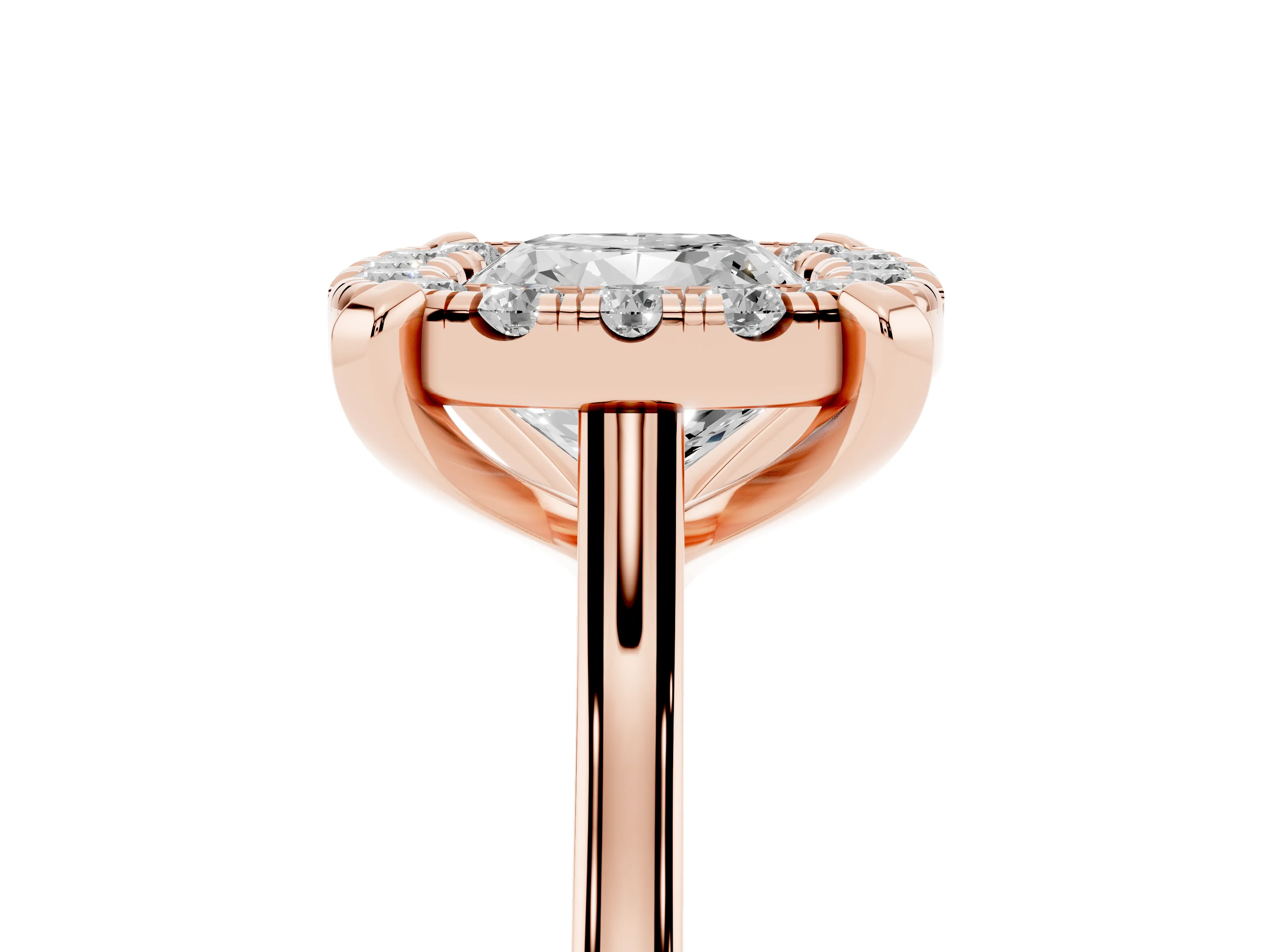 Cushion Cut Diamond Cluster Halo Solitaire Ring Set in Rose gold with Prong Setting