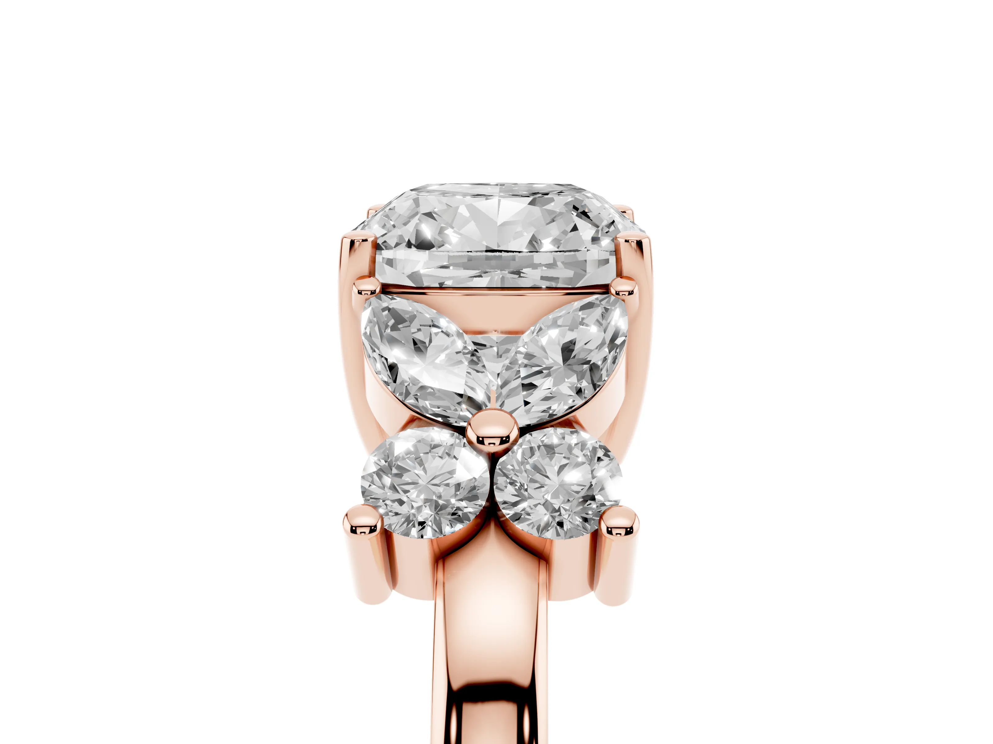 Cushion Cut Diamond Floral Cluster Ring Set in Rose gold with Marquise Petals and Prong Setting