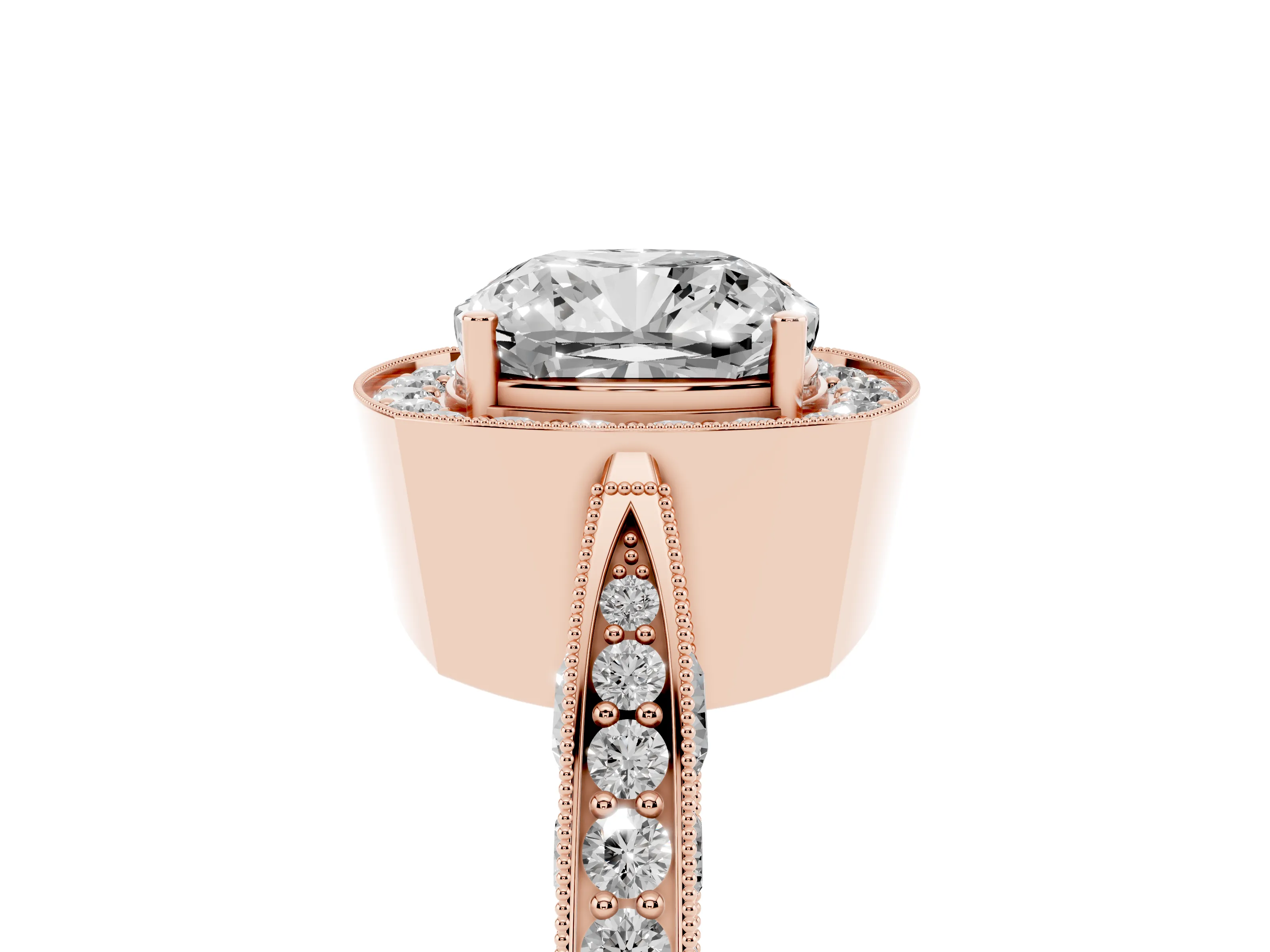 Cushion Cut Diamond Halo Engagement Ring Set in Rose gold with Accent Split Shank Band