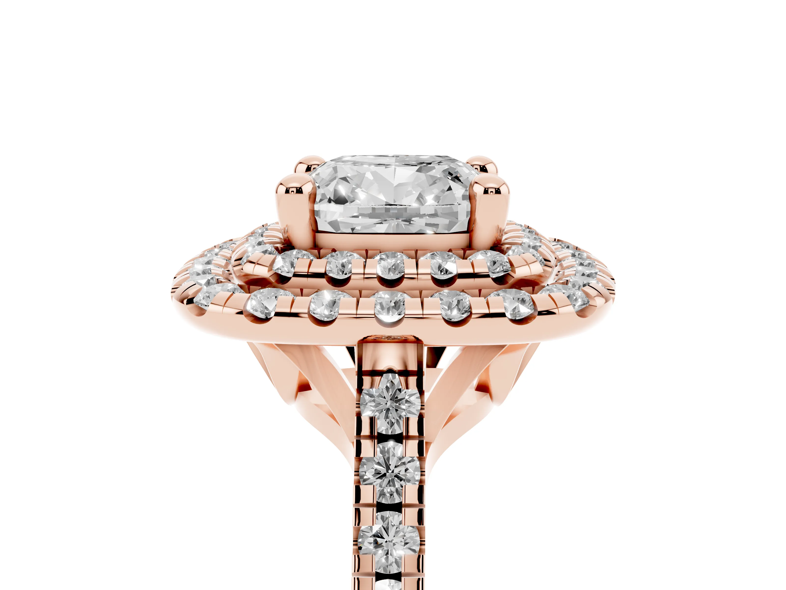 Cushion Cut Diamond Double Halo Statement Ring Set in Rose gold with Pavé Band