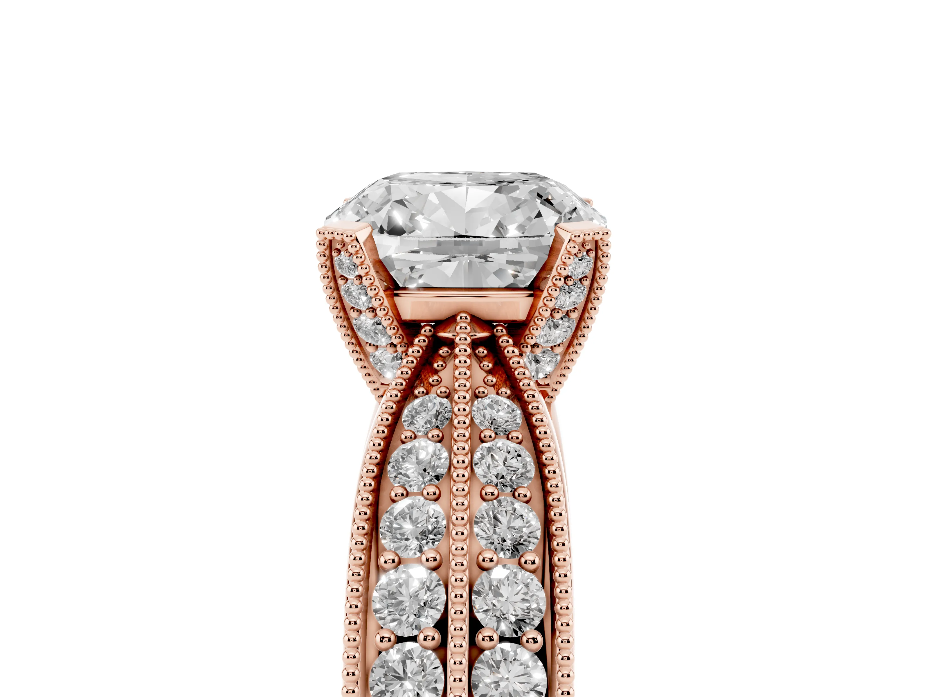 Cushion Cut Diamond Solitaire Ring Set in Rose gold with Milgrain Double Row Round Pavé Band