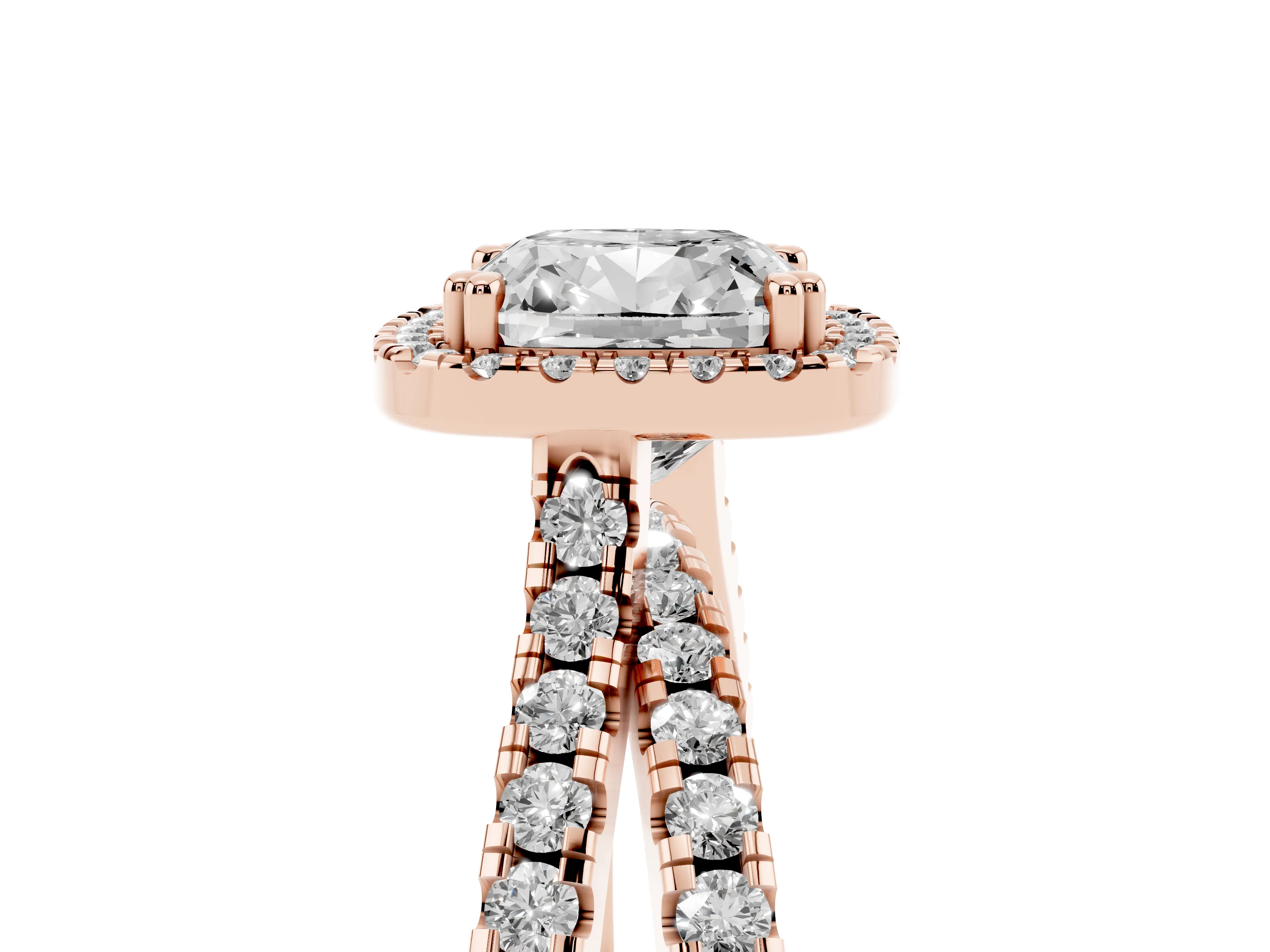 Cushion Cut Diamond Halo Split Shank Ring Set in Rose gold with Pavé Setting