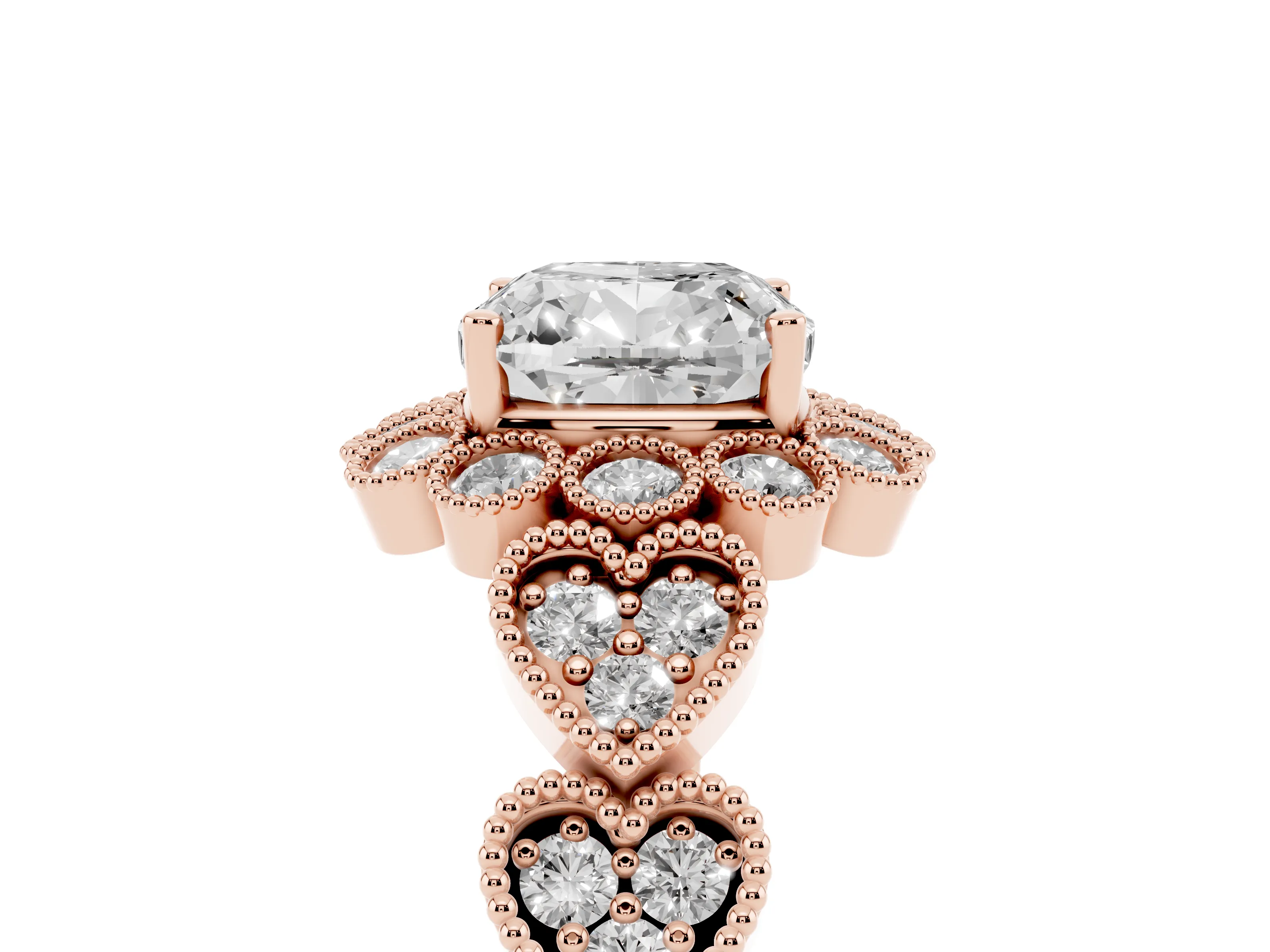 Cushion Cut Diamond Solitaire Ring Set in Rose gold with Milgrain Pavé Heart Band