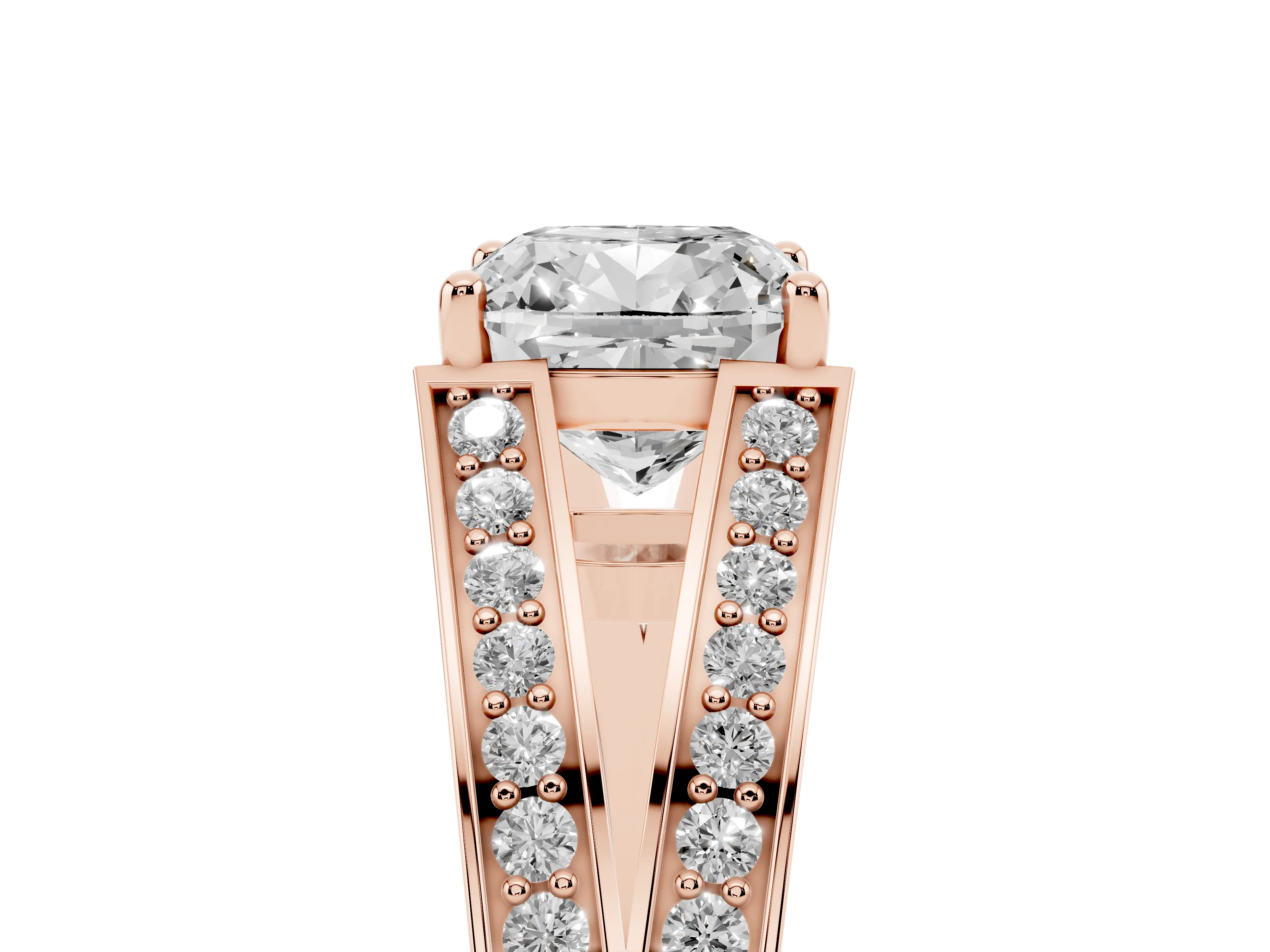 Cushion Cut Diamond Split Shank Ring Set in Rose gold with Pavé Band and Prong Setting