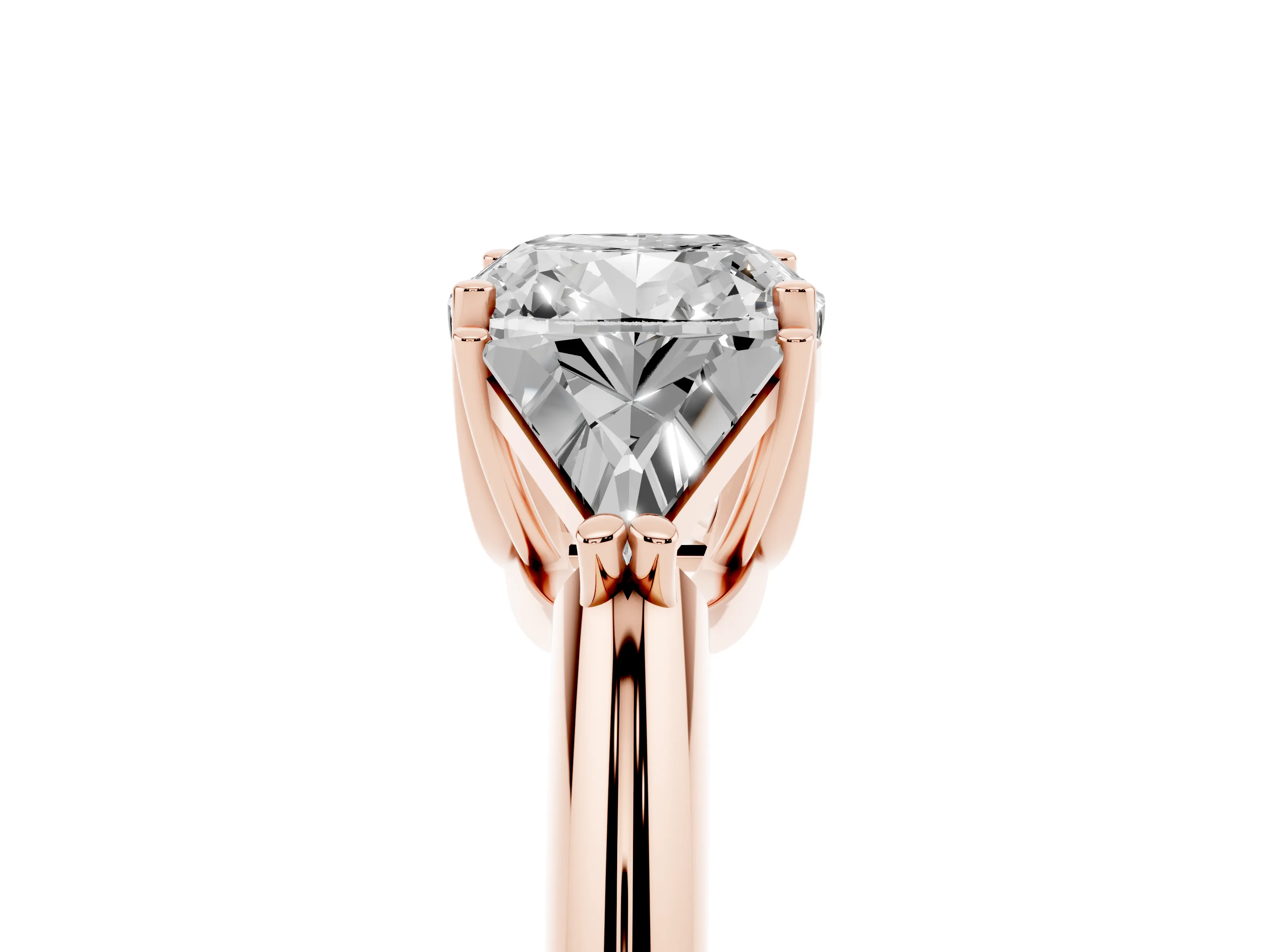 Cushion Cut Diamond Three-Stone Engagement Ring Set in Rose gold with Trillion Side Stones