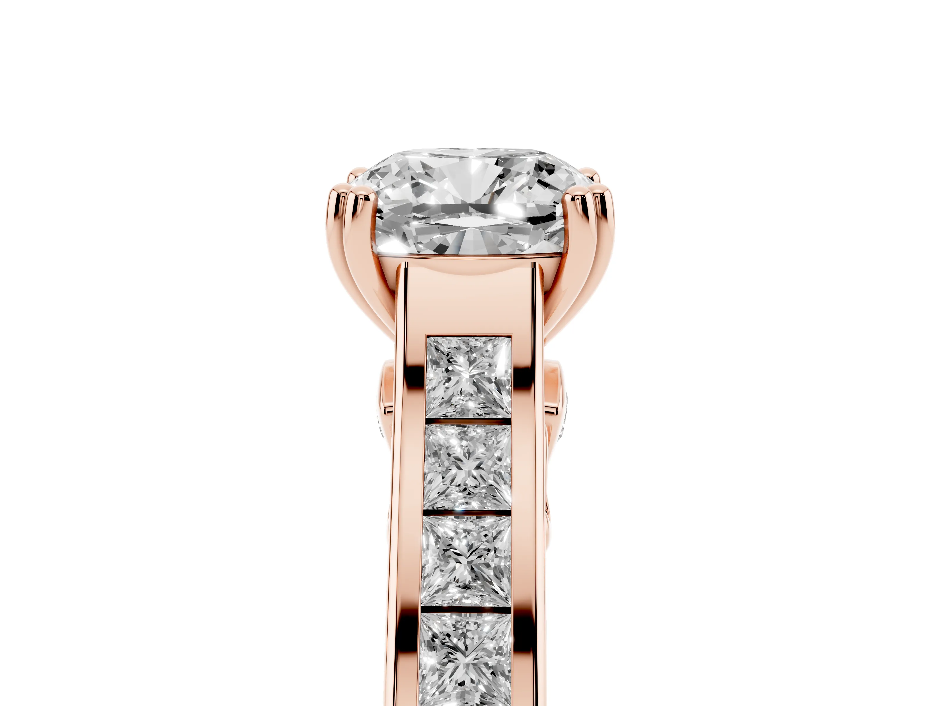 Cushion Cut Diamond Channel Set Solitaire Engagement Ring Set in Rose gold with Prong Setting