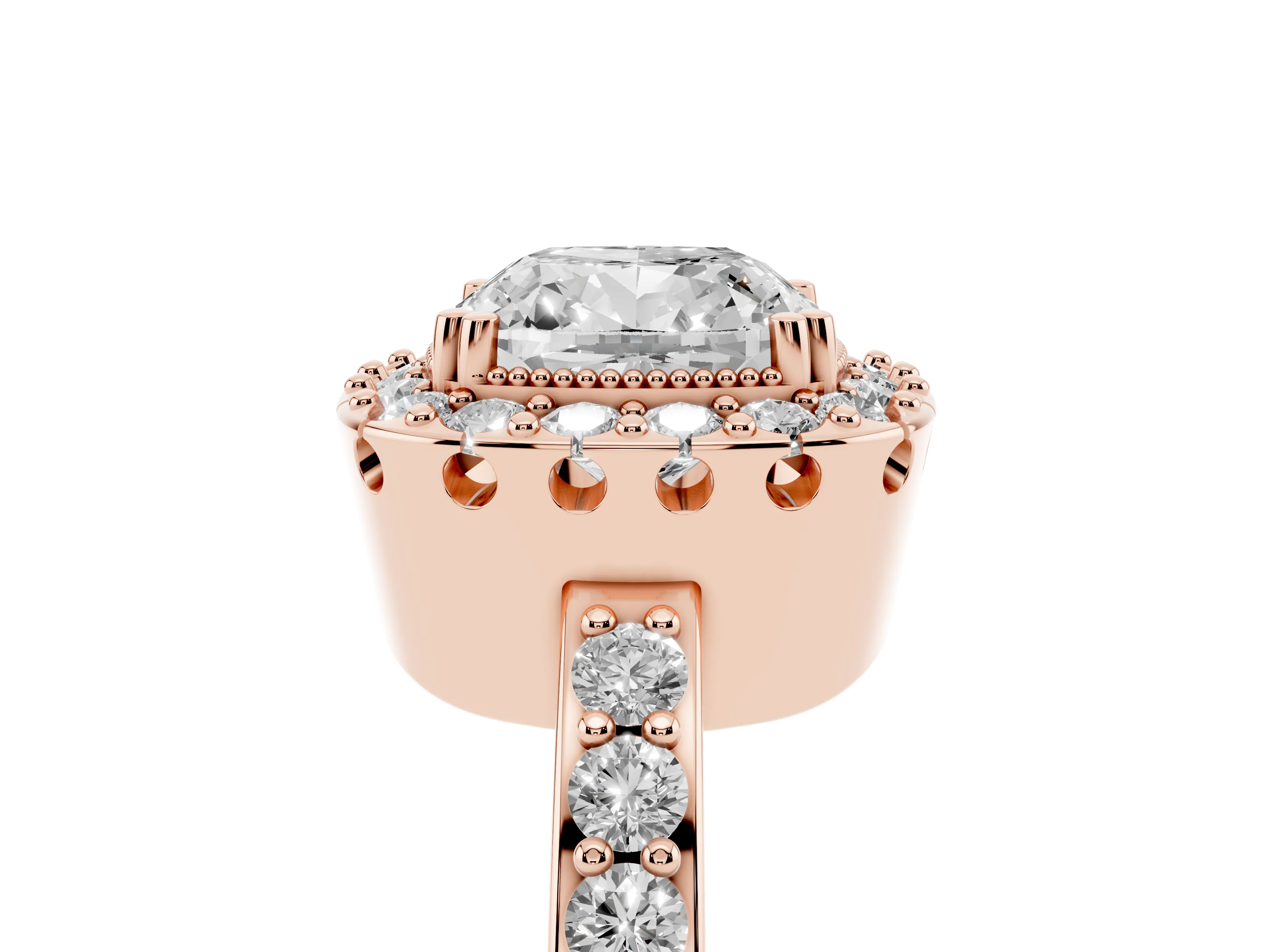Cushion Cut Diamond Halo Ring Set in Rose gold with Pavé Shank and Prong Setting