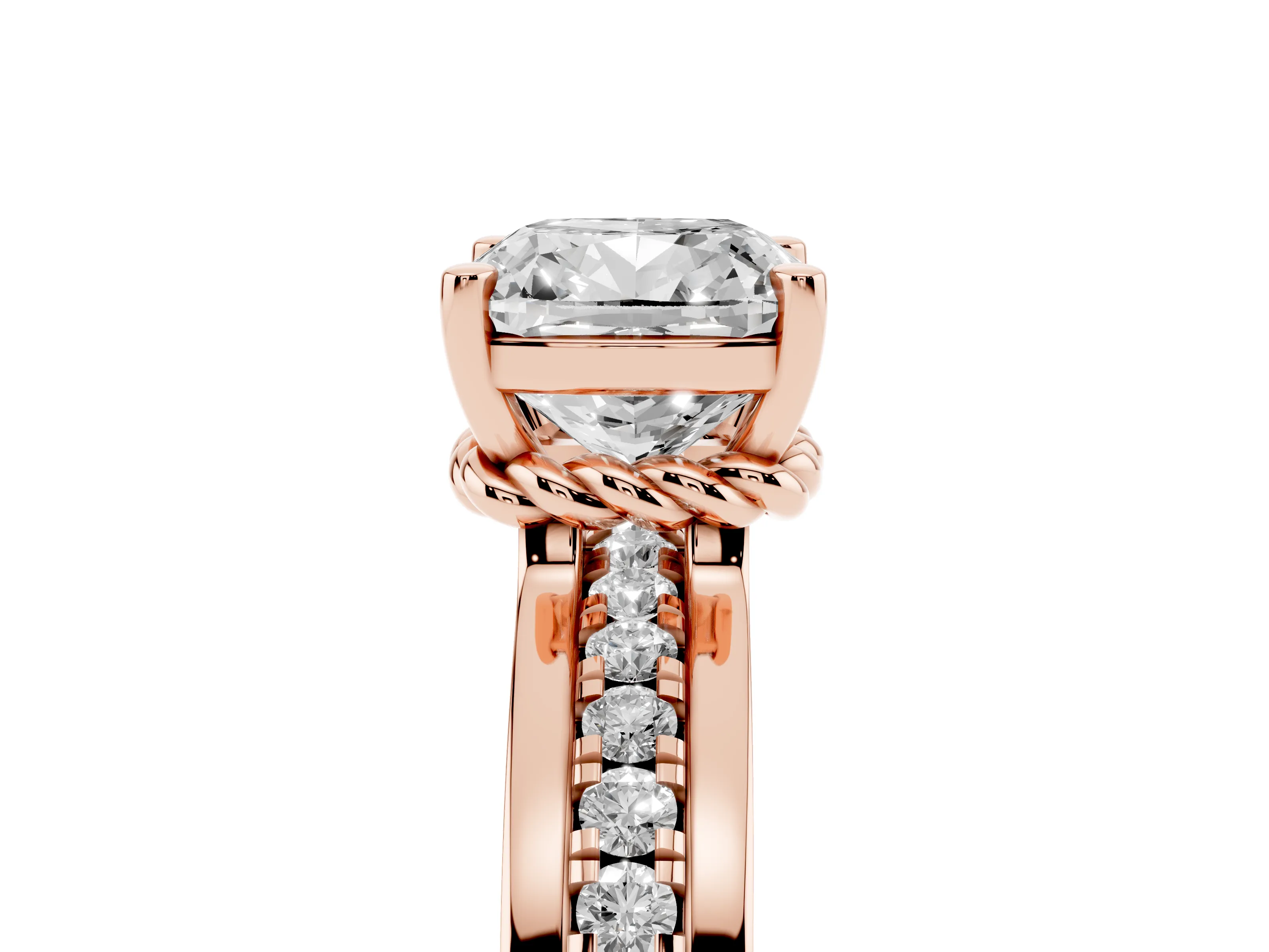 Cushion Cut Diamond Solitaire Ring Set in Rose gold with Channel Set Band and Prong Setting