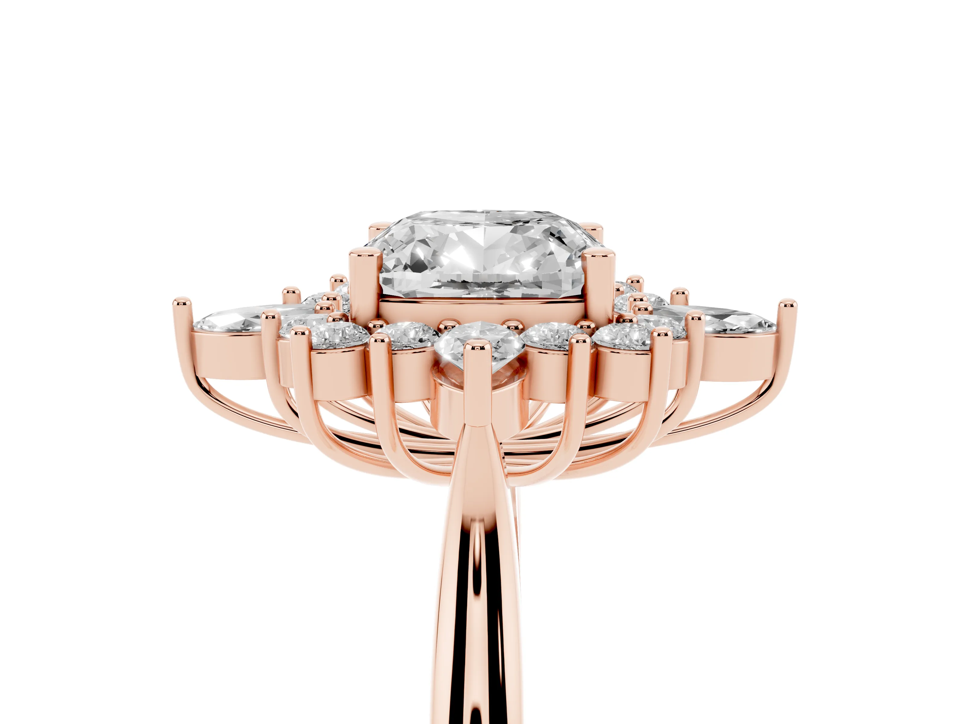 Cushion Cut Diamond Cluster Halo Ring Set in Rose gold with Marquise and Round Accents