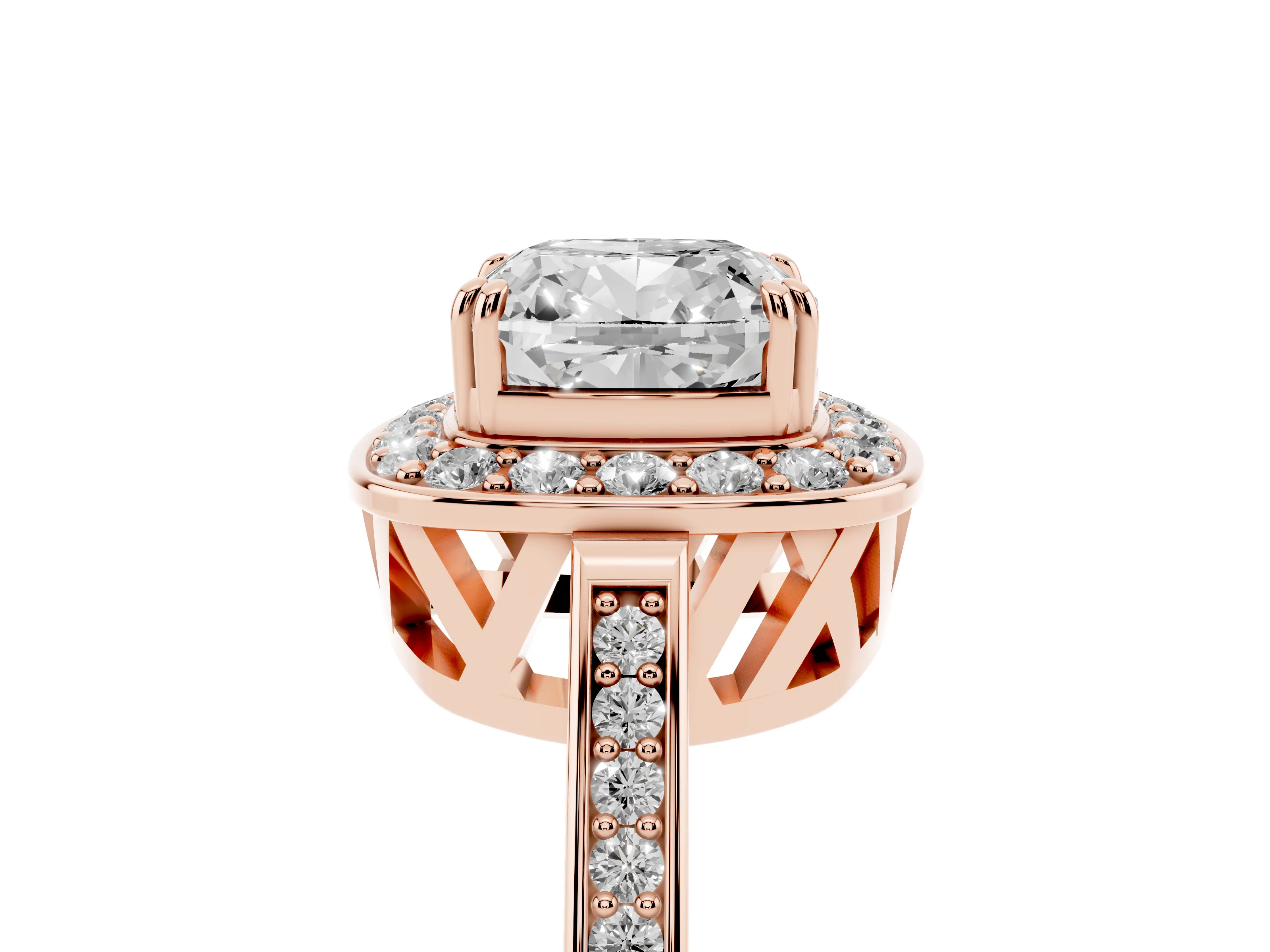 Cushion Cut Diamond Halo Ring Set in Rose gold with Accent-Lined Split Shank and Prong Setting