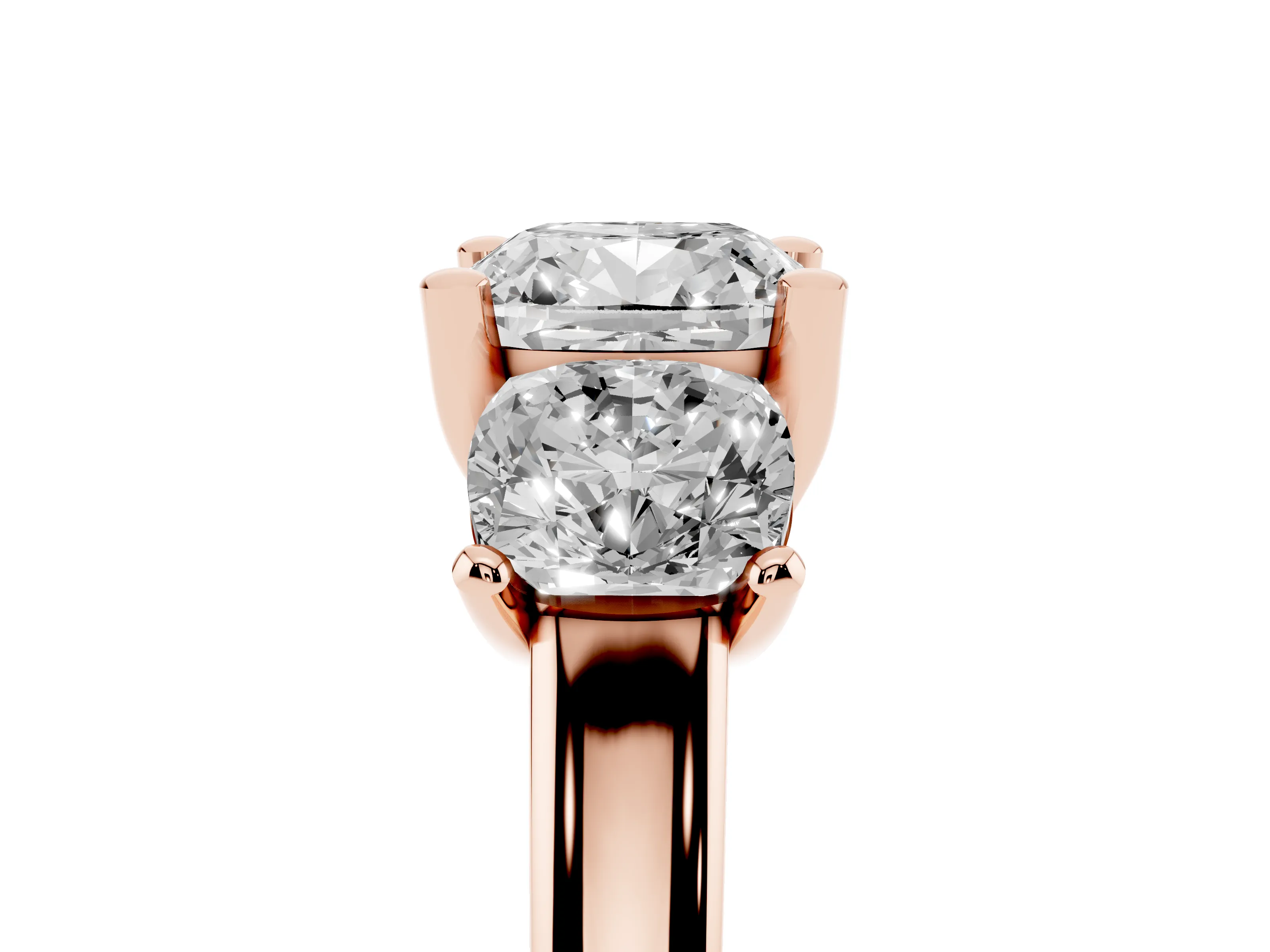 Cushion Cut Diamond Three-Stone Ring Set in Rose gold with Classic Prong Setting and Plain Band