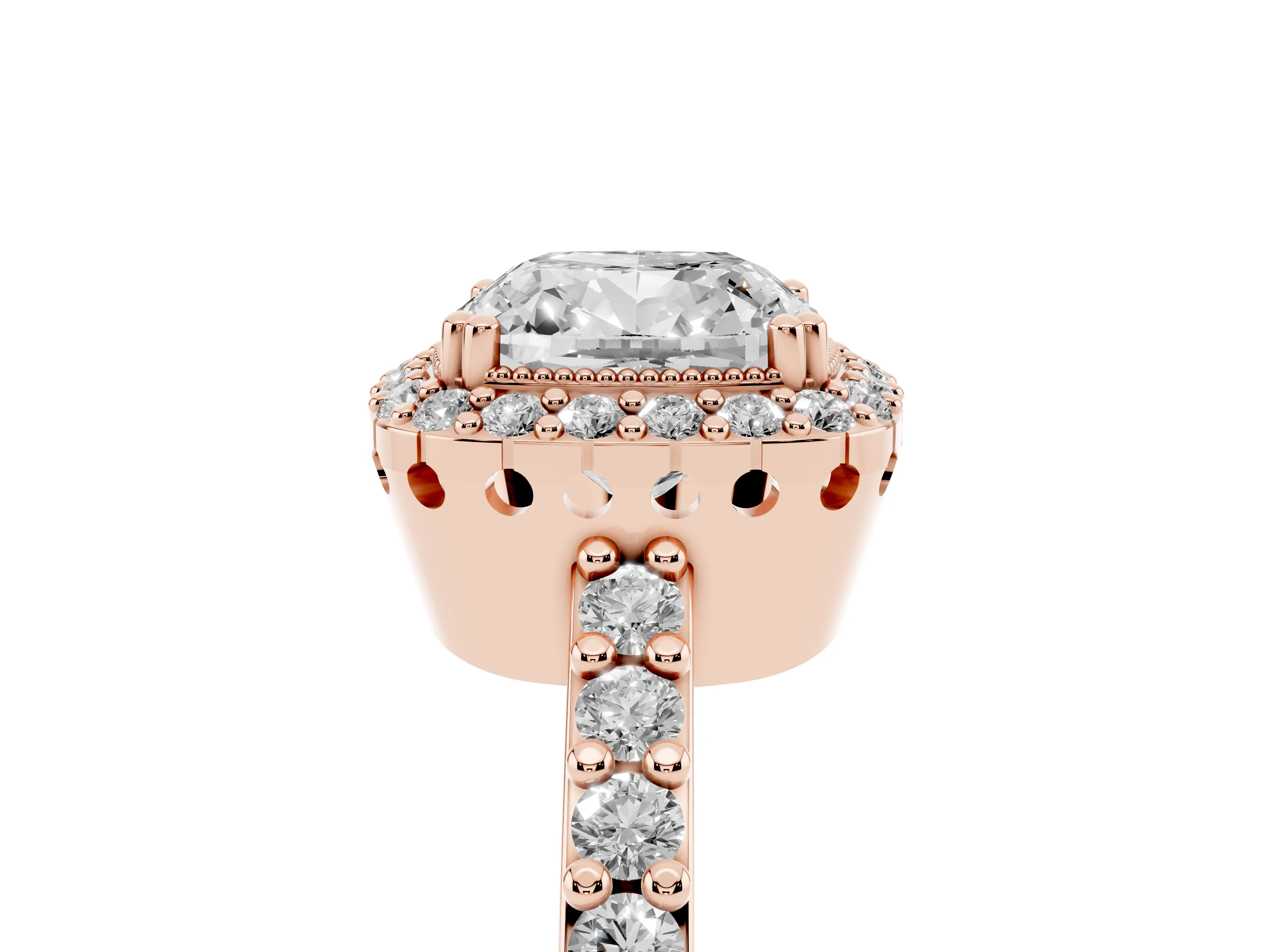 Cushion Cut Diamond Halo Engagement Ring Set in Rose gold with Milgrain Detail and Pavé Band