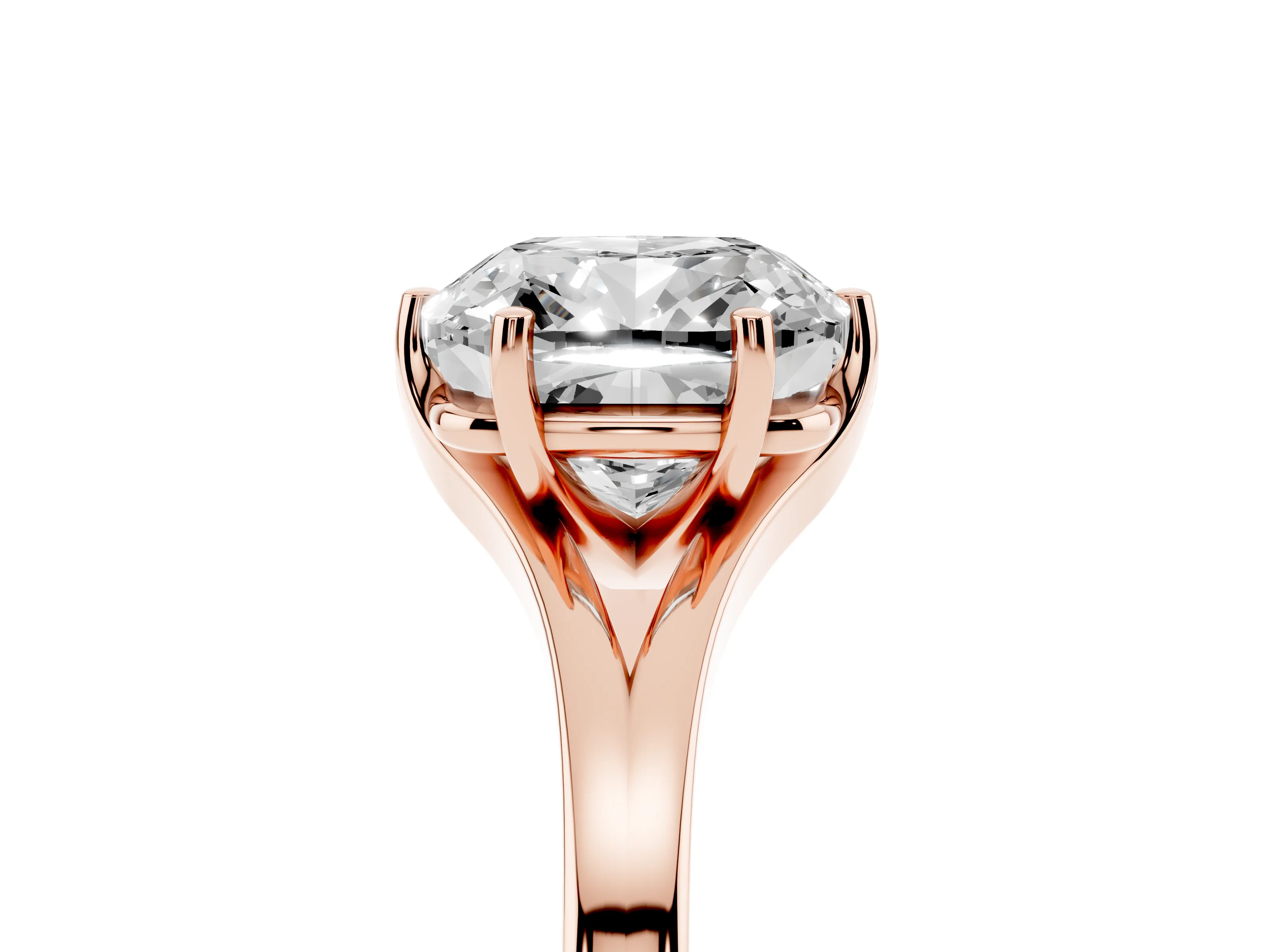 Cushion Cut Diamond Solitaire Ring Set in Rose gold with Polished Tapered Band and Prong Setting