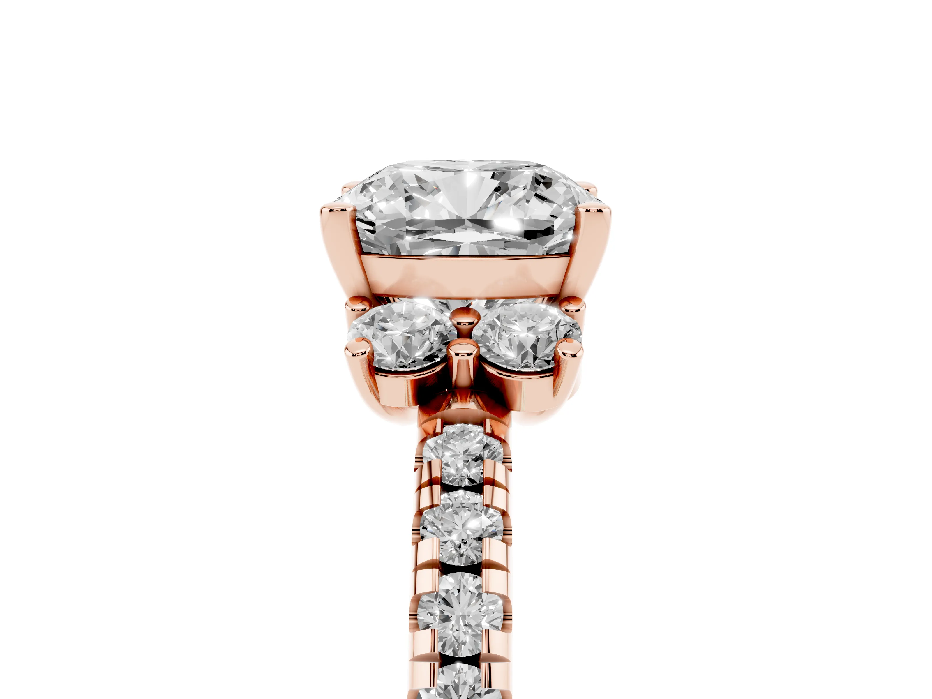 Cushion Cut Diamond Three-Stone Pavé Ring Set in Rose gold with Prong Setting