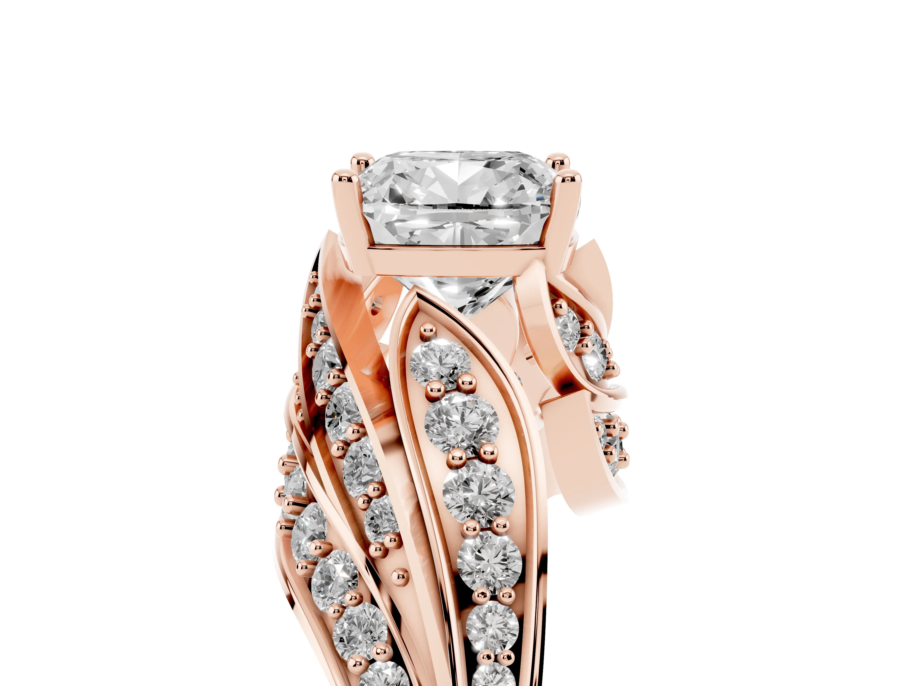Cushion Cut Diamond Solitaire Ring Set in Rose gold with Layered Twist Pavé Band