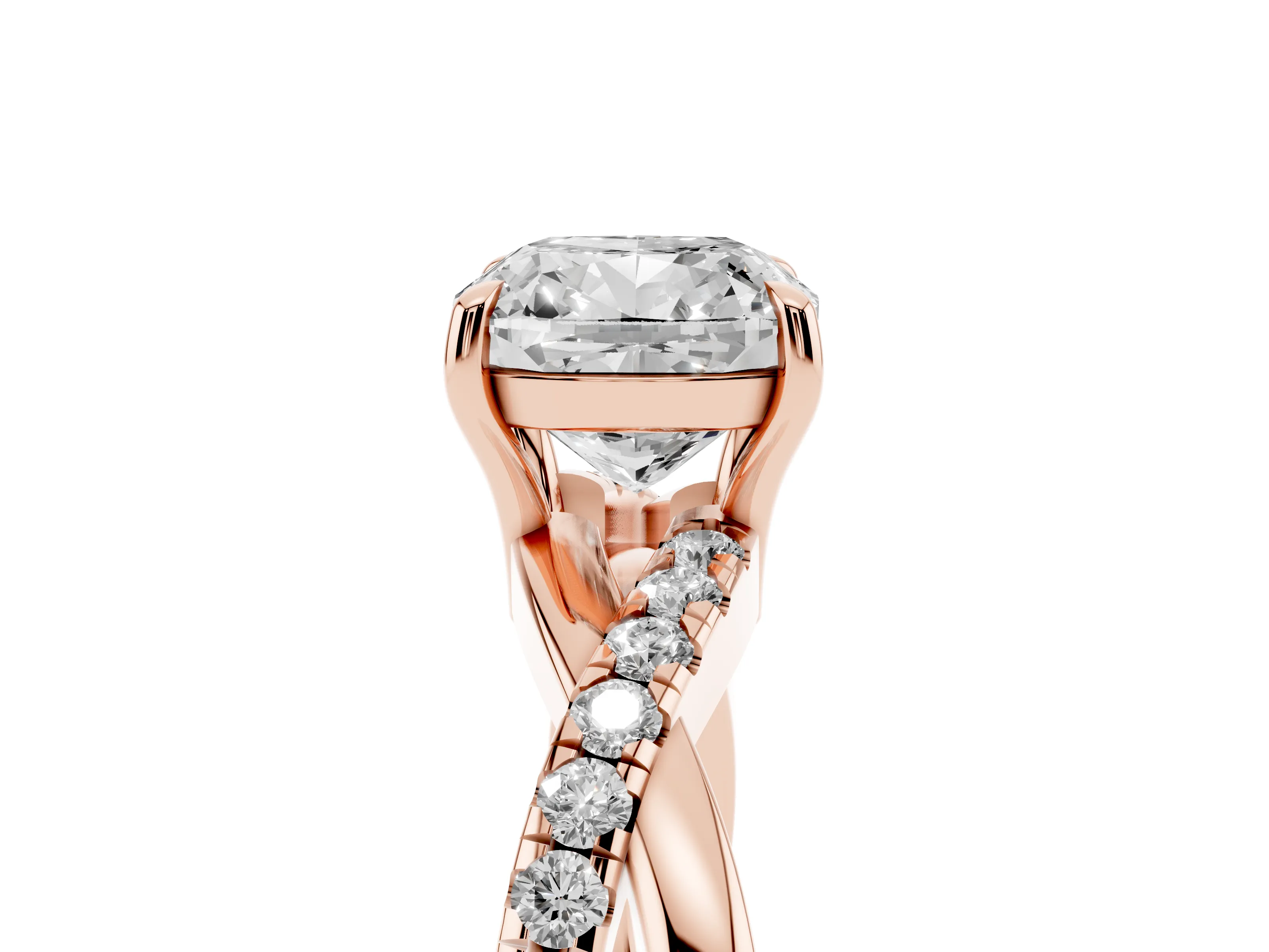 Cushion Cut Diamond Twisted Pavé Band Ring Set in Rose gold with Prong Setting