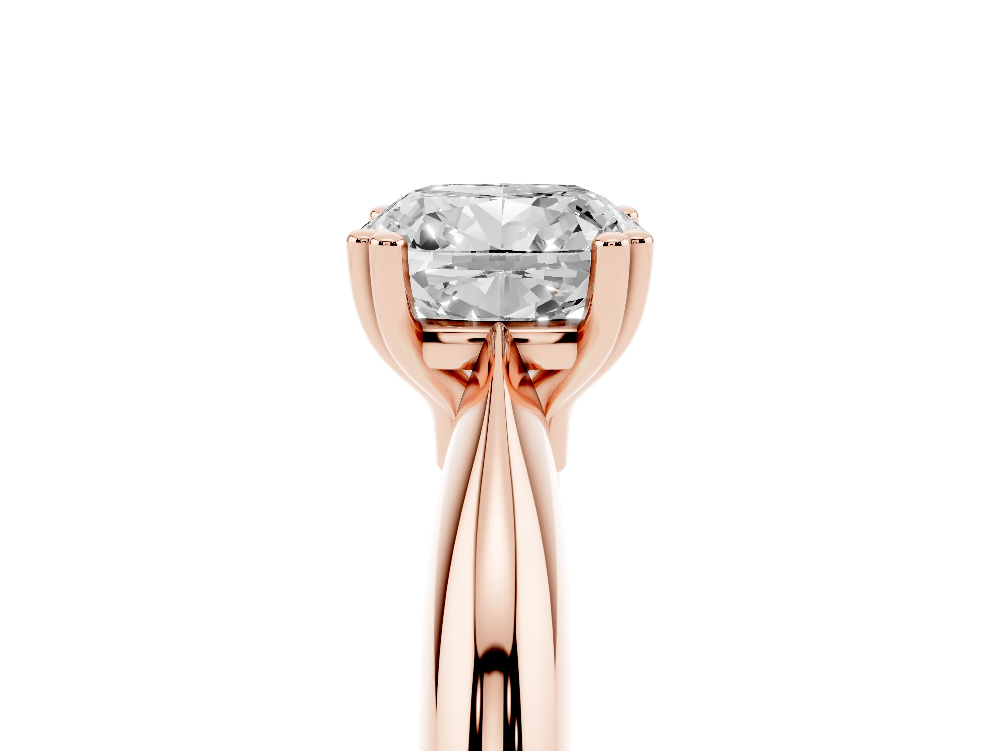 Cushion Cut Diamond Solitaire Engagement Ring Set in Rose gold with Tapered Band and Prong Setting