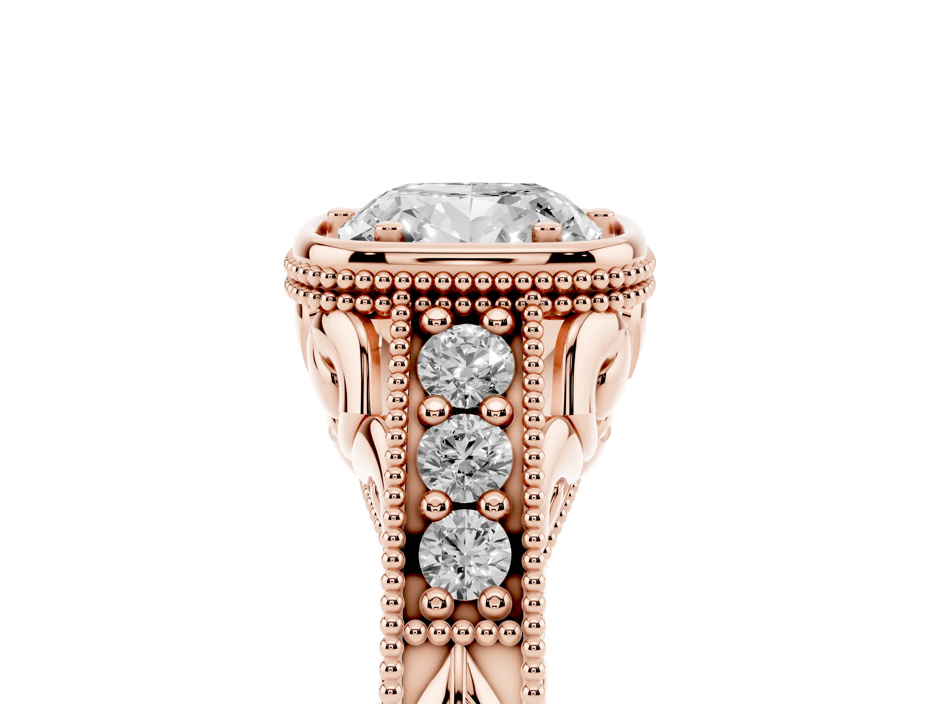 Bezel Set Cushion Cut Diamond Milgrain Pavé Engagement Ring Set in Rose gold