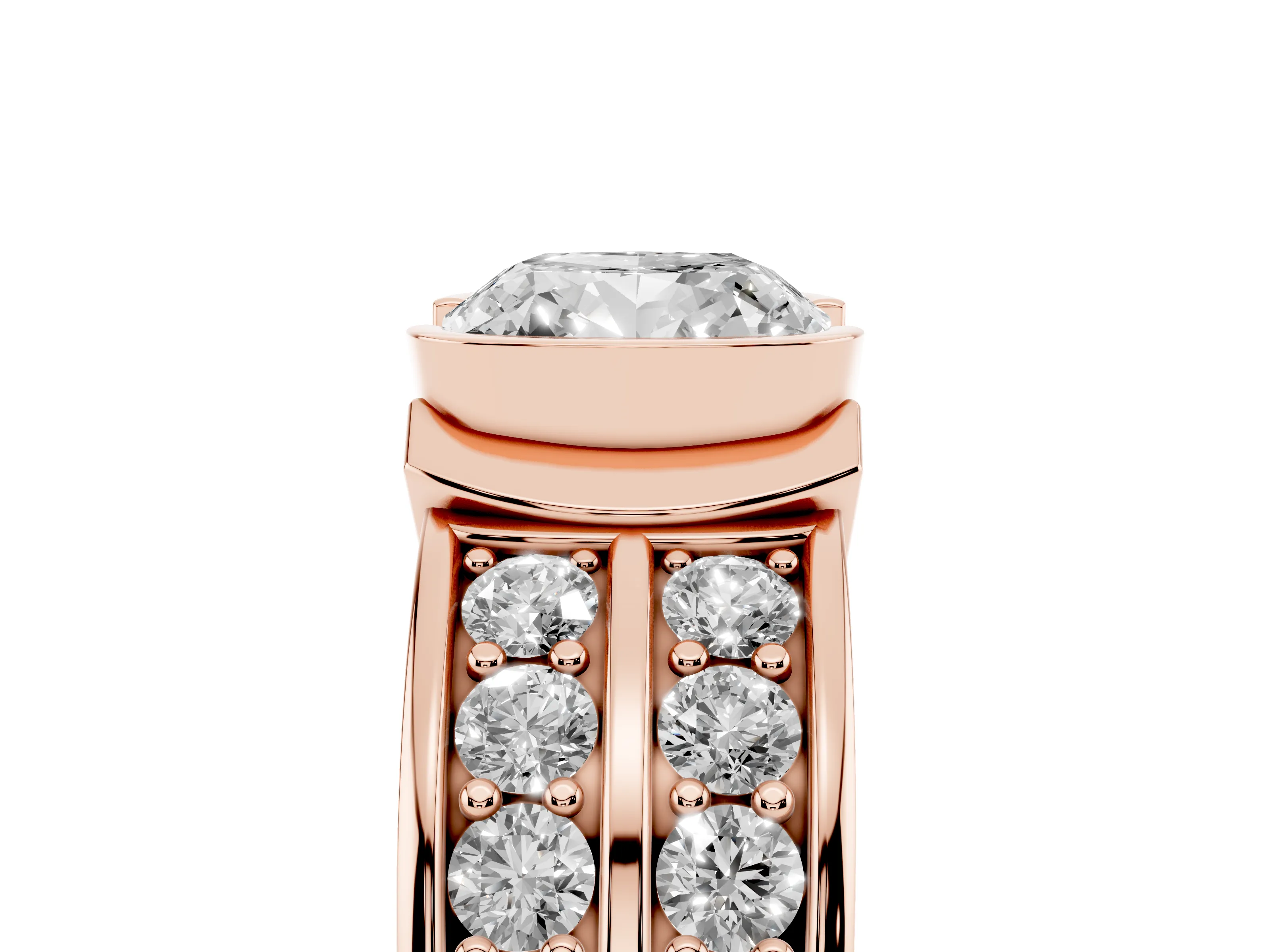 Cushion Cut Diamond Wide Channel Set Band Ring Set in Rose gold with Bezel Setting