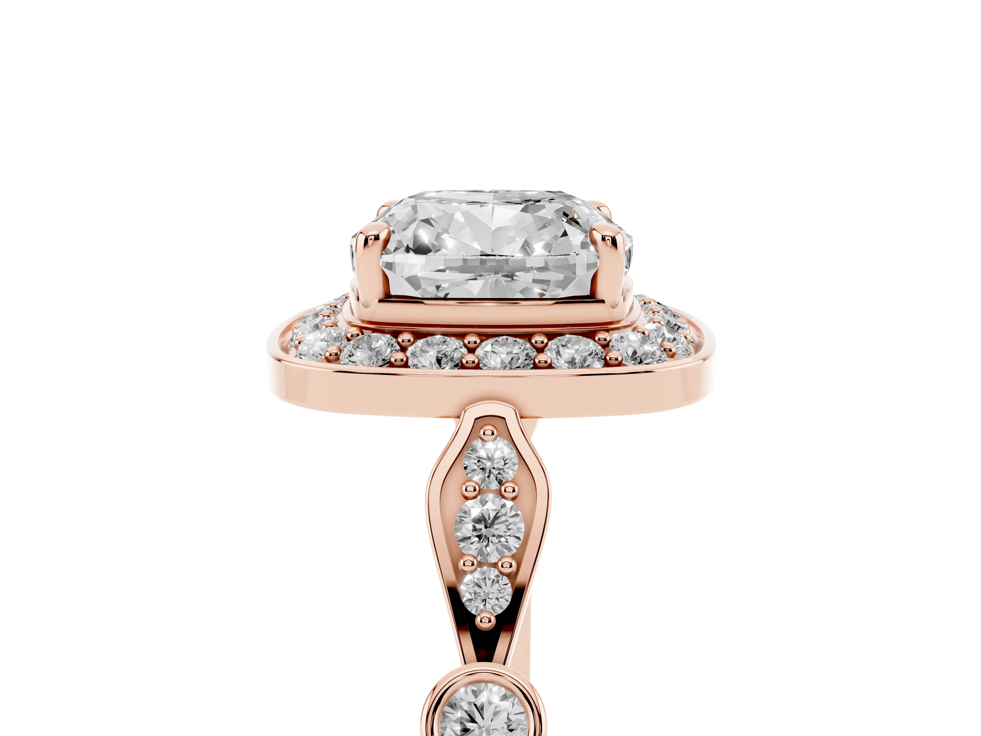 Cushion Cut Diamond Halo Engagement Ring Set in Rose gold with Twisted Band and Prong Setting