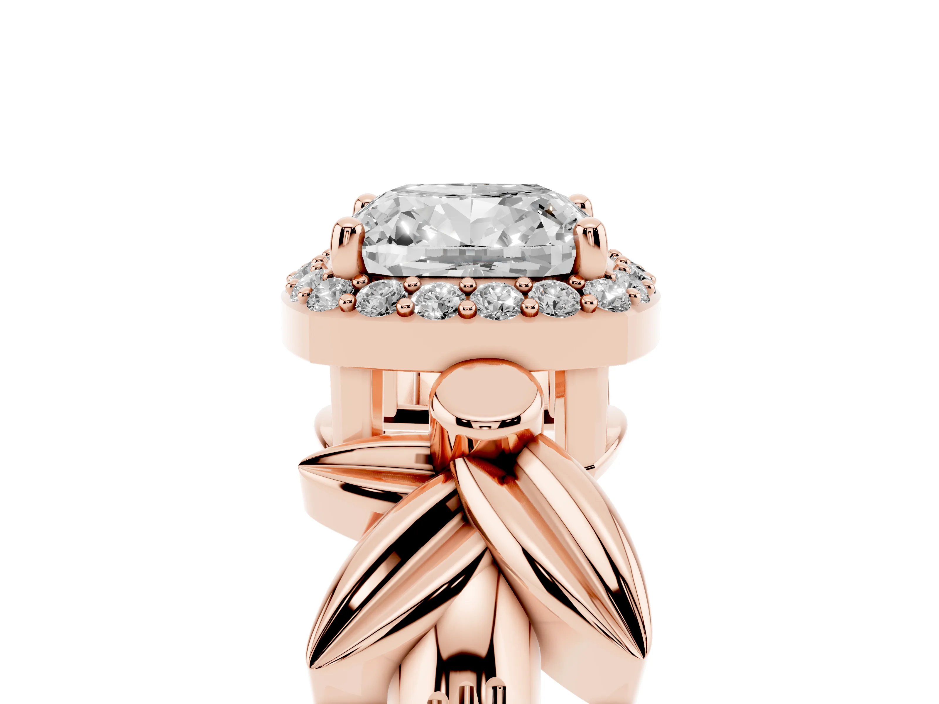 Cushion Cut Diamond Halo Floral Band Ring Set in Rose gold with Prong Setting