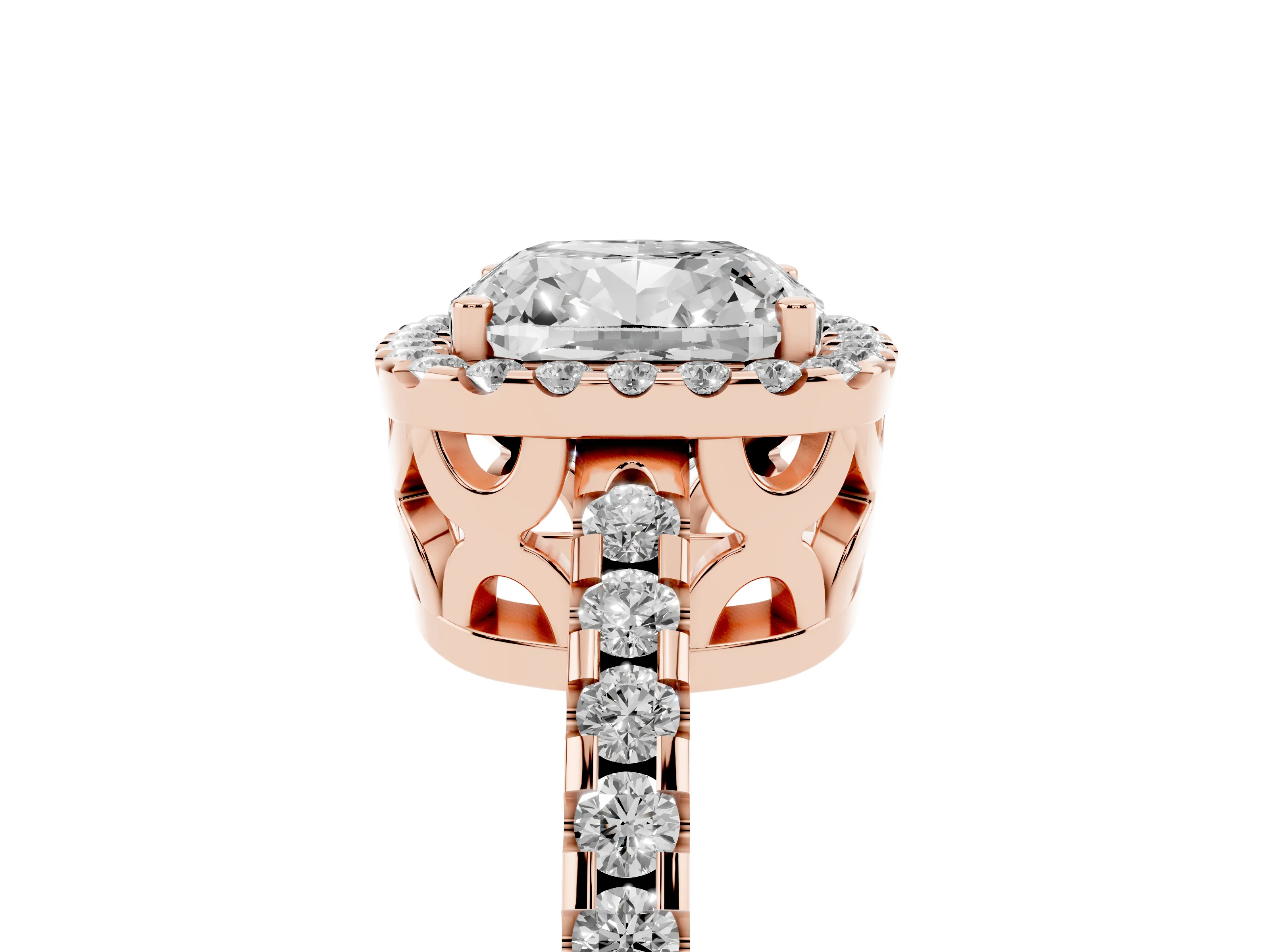 Cushion Cut Diamond Halo Ring Set in Rose gold with Pavé Shoulders and Halo-Framed Center