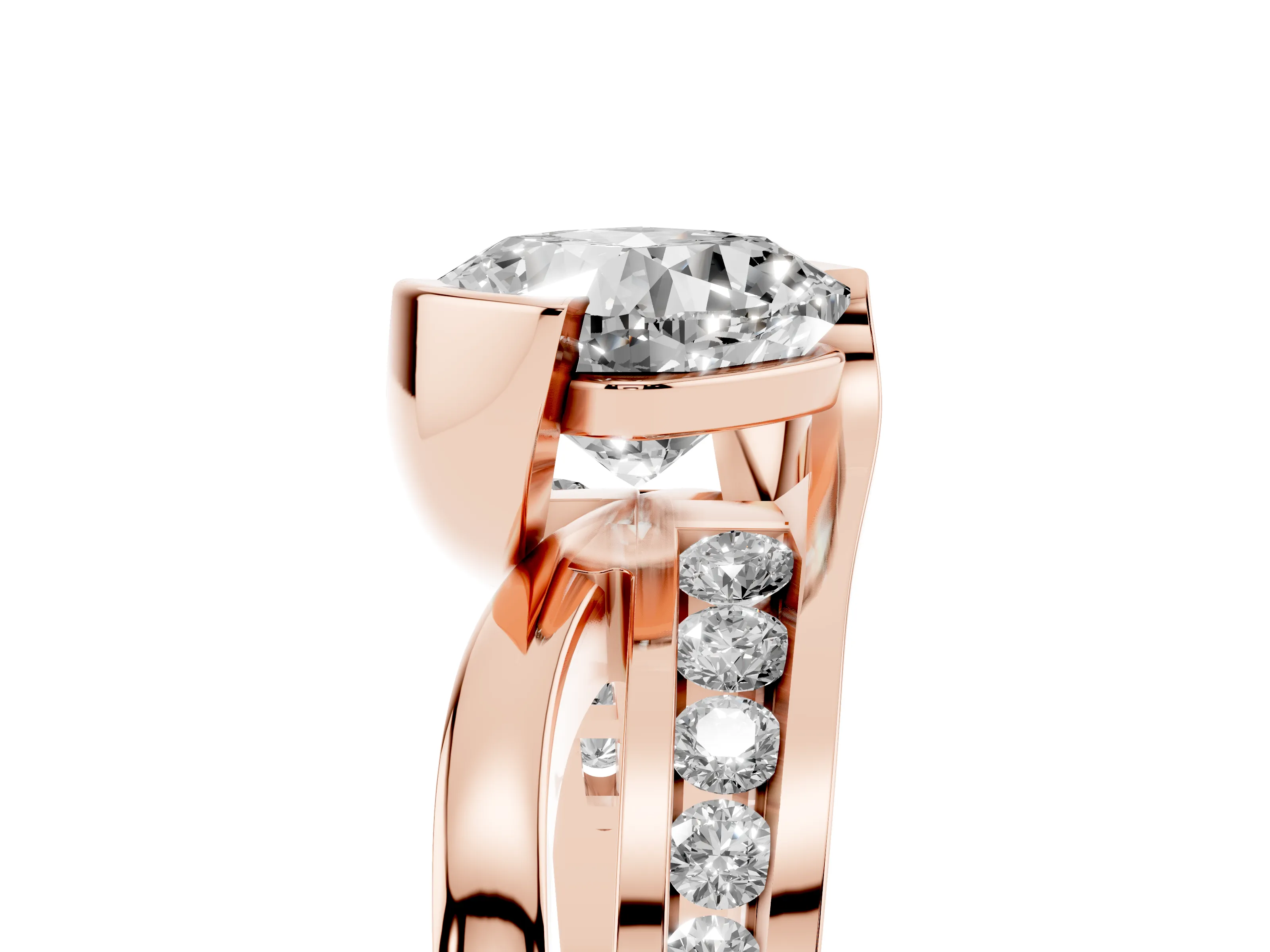 Cushion Cut Diamond Solitaire Ring Set in Rose gold with Channel Set Split Shank and Tension Prongs