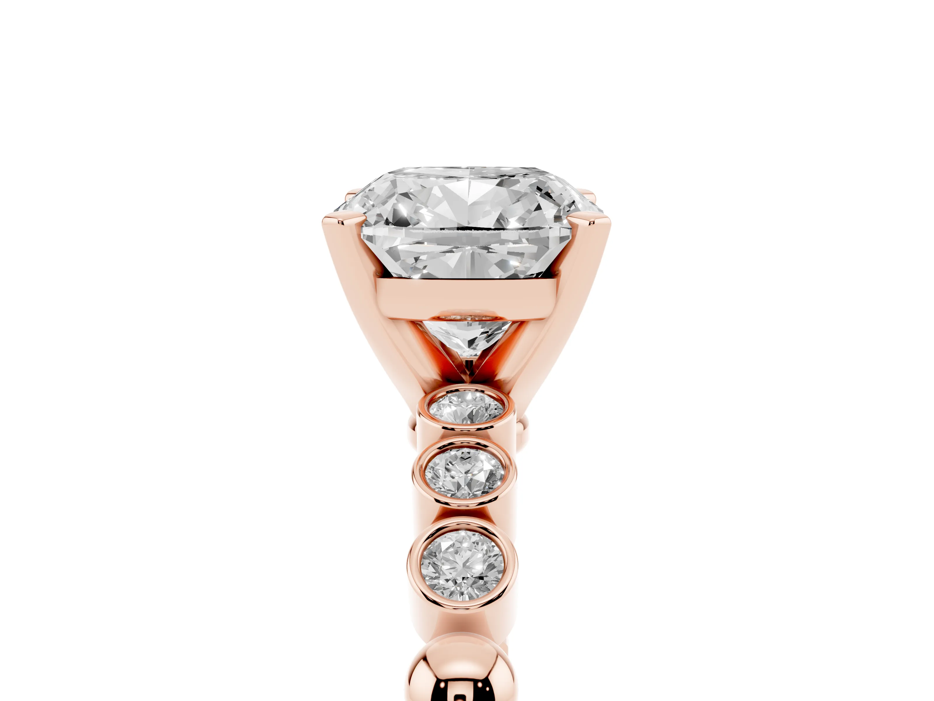 Cushion Cut Diamond Solitaire Engagement Ring Set in Rose gold with Bezel Accents on Beaded Band