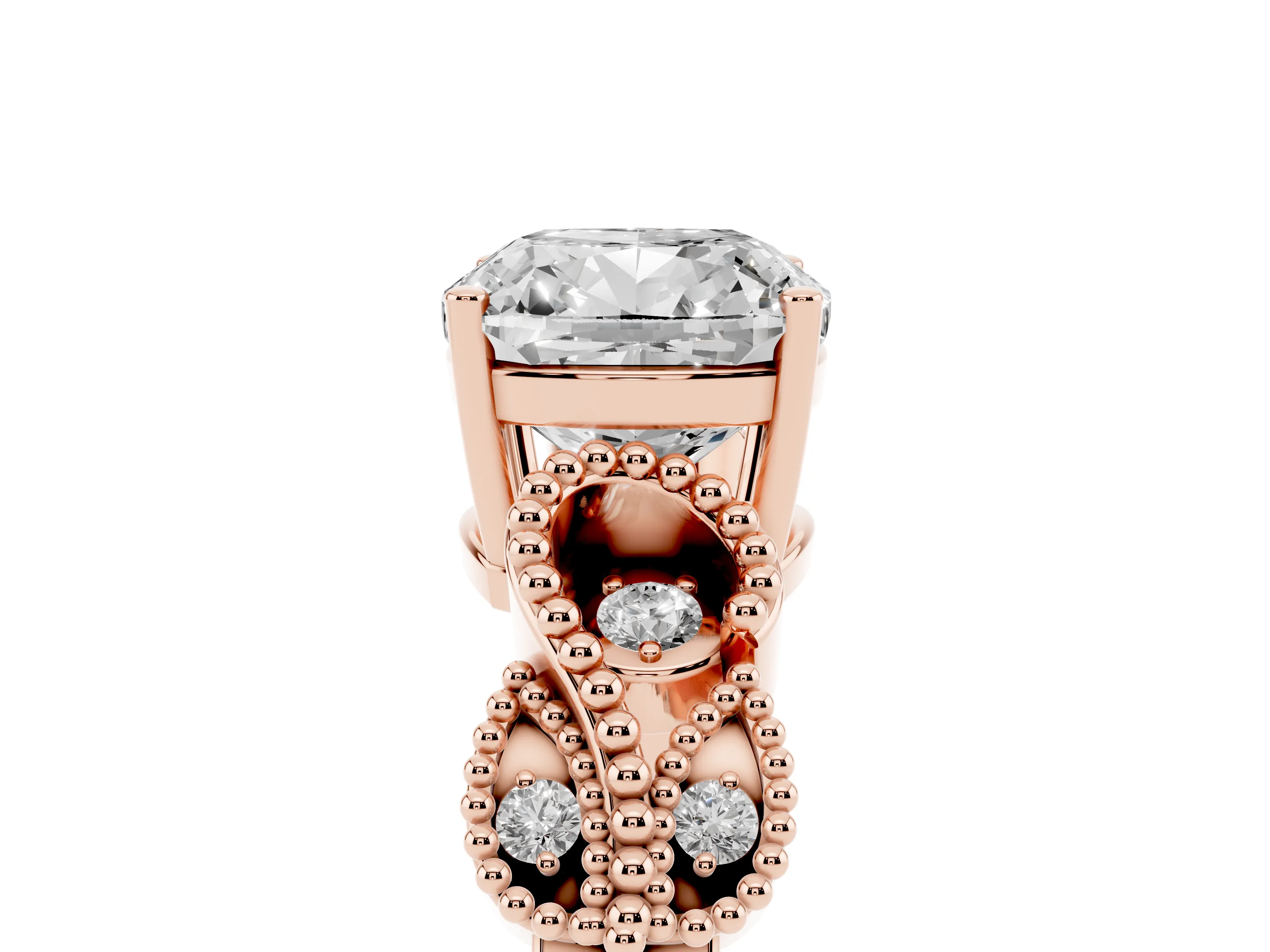 Cushion Cut Diamond Milgrain Leaf Band Solitaire Ring Set in Rose gold with Accent Stones and Prong Setting