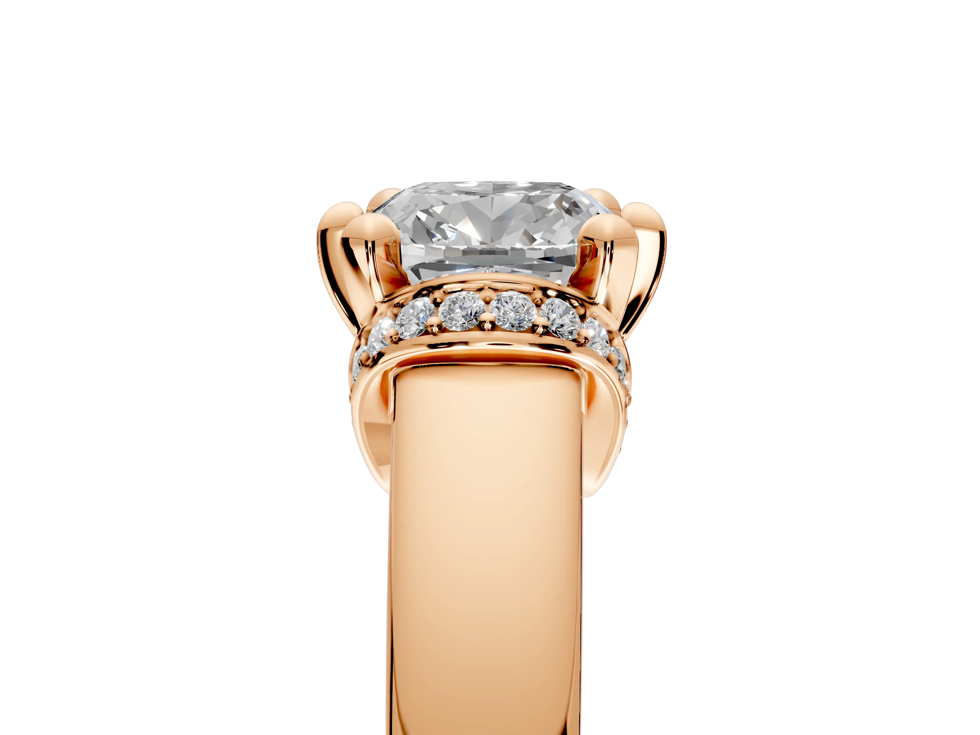 Solitaire Engagement Ring Setting for Cushion Cut Center with Wide Band, Pave Collar and Prong Head in Rose Gold