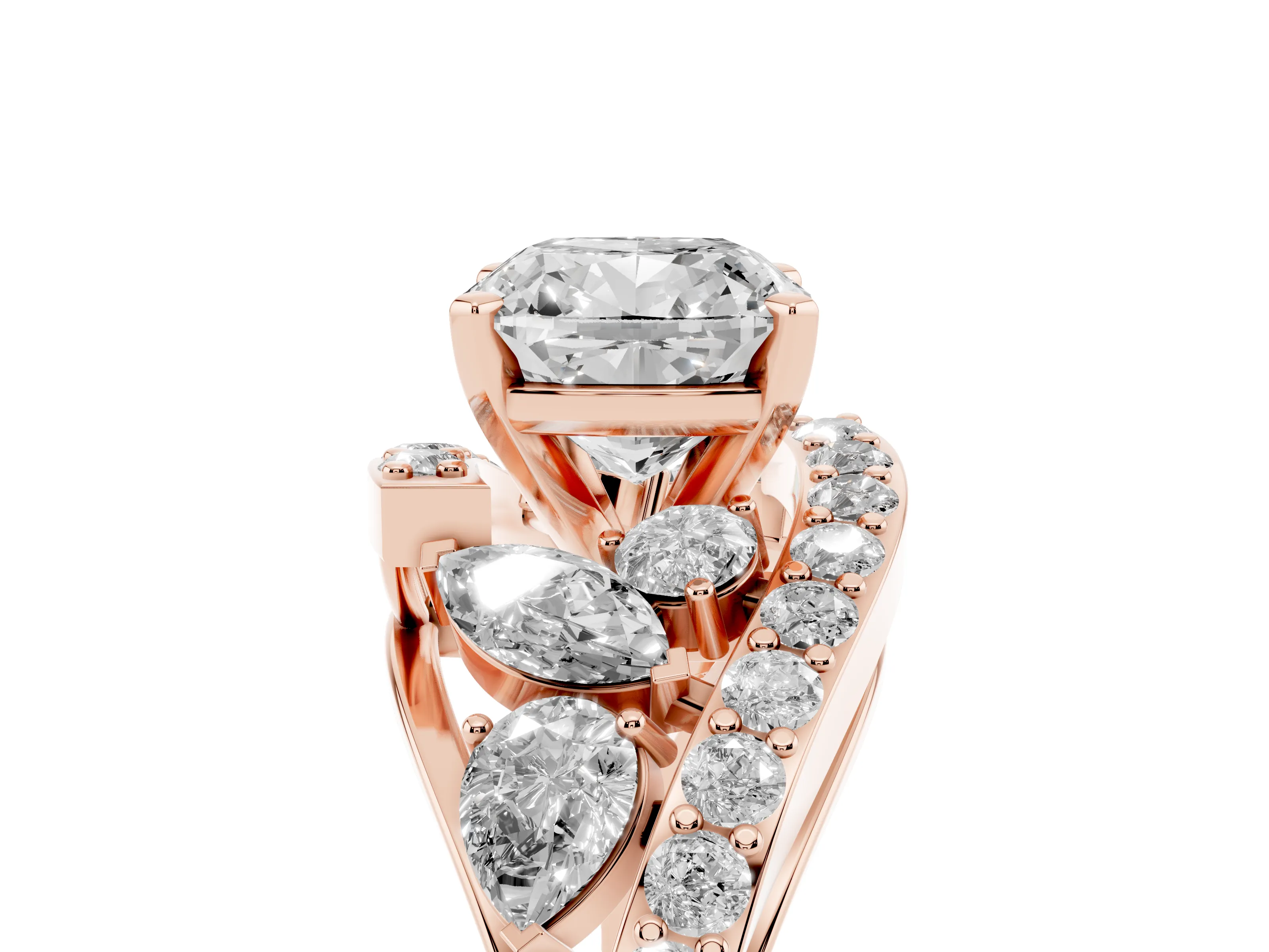 Cushion Cut Diamond Halo Ring Set in Rose gold with Marquise and Pavé Band in Prong Setting
