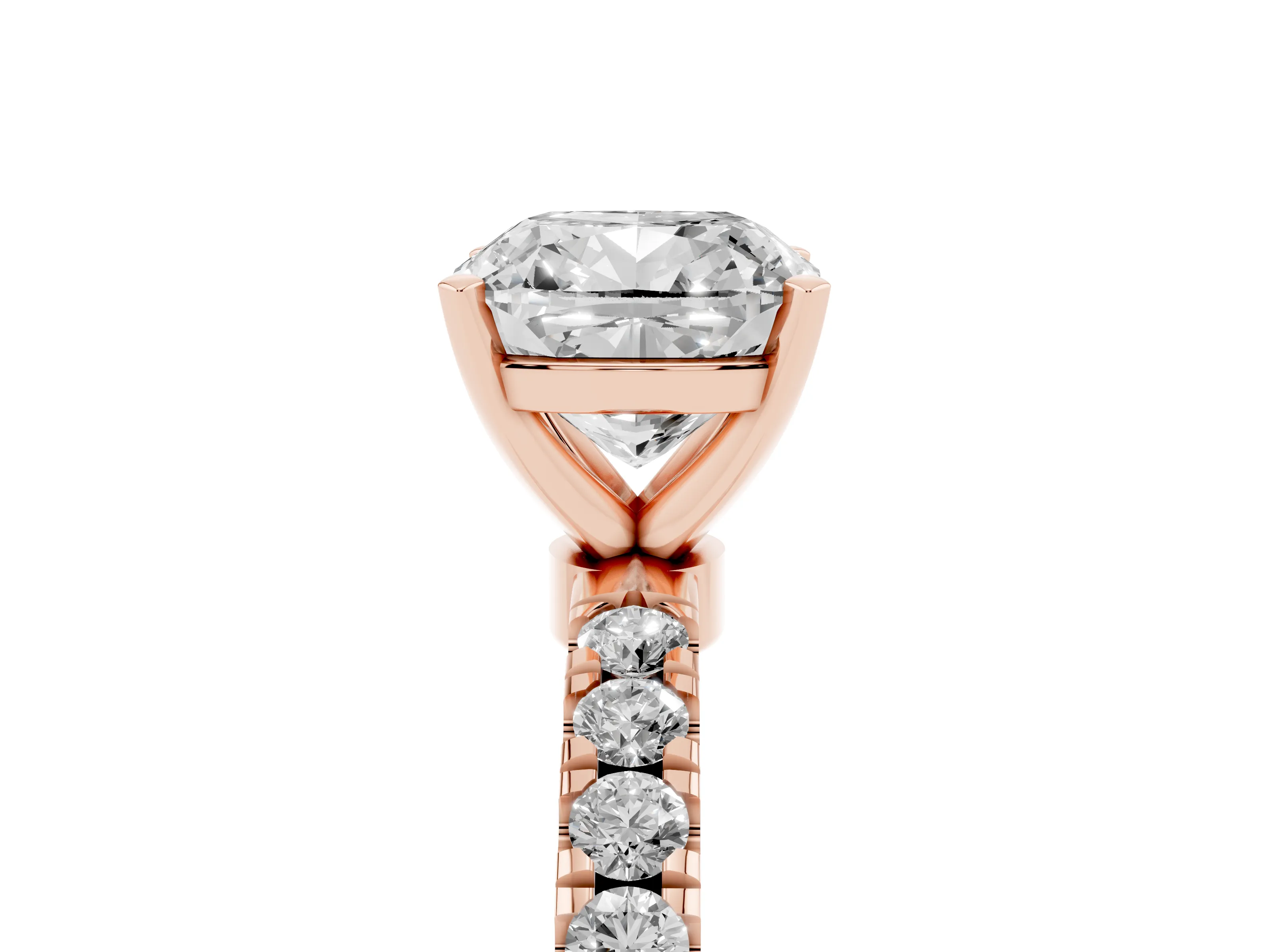 Cushion Cut Diamond Solitaire Ring Set in Rose gold with Pavé Accents and Prong Setting