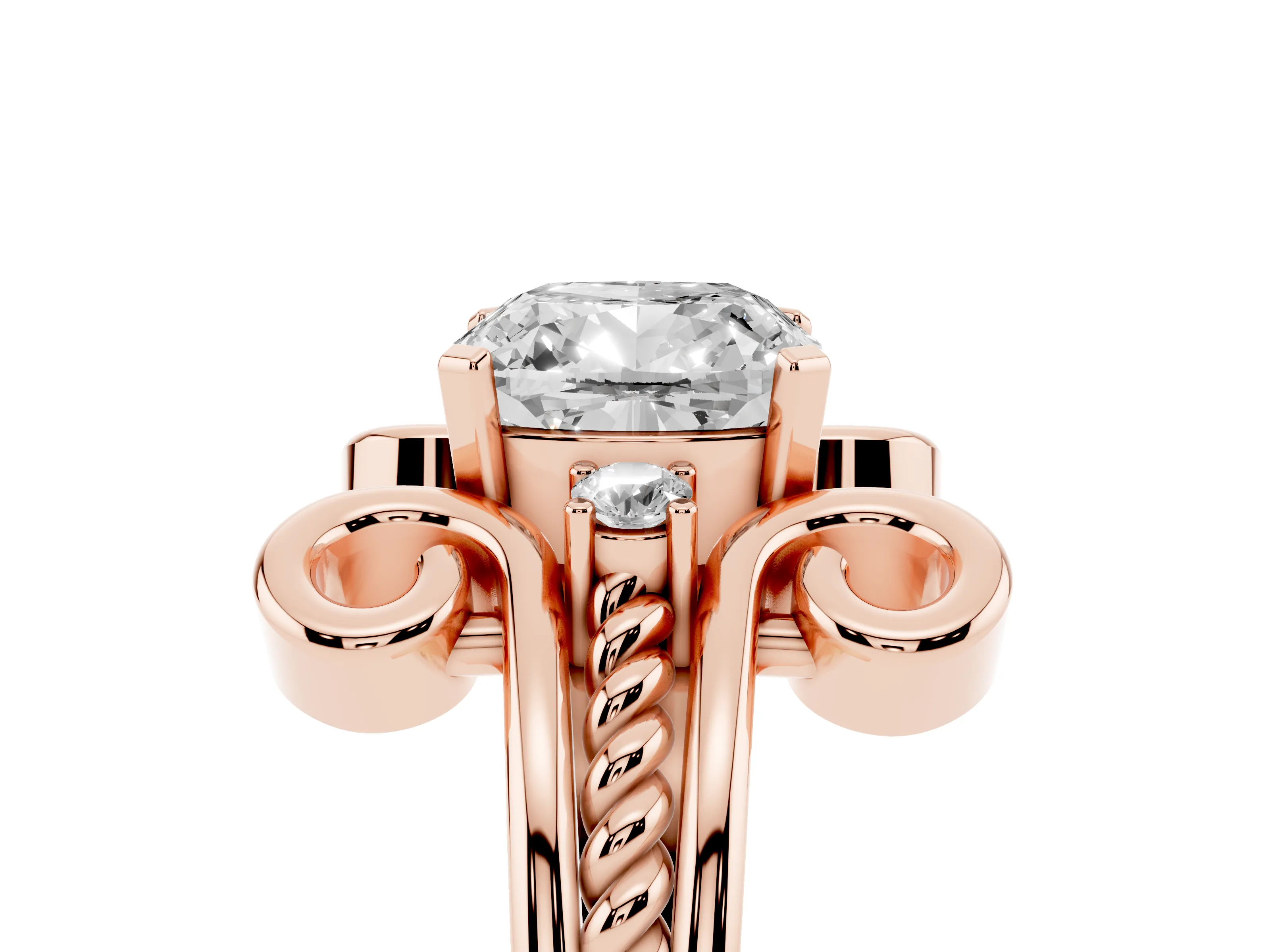 Cushion Cut Diamond Twisted Band Solitaire Ring Set in Rose gold with Scroll Prongs