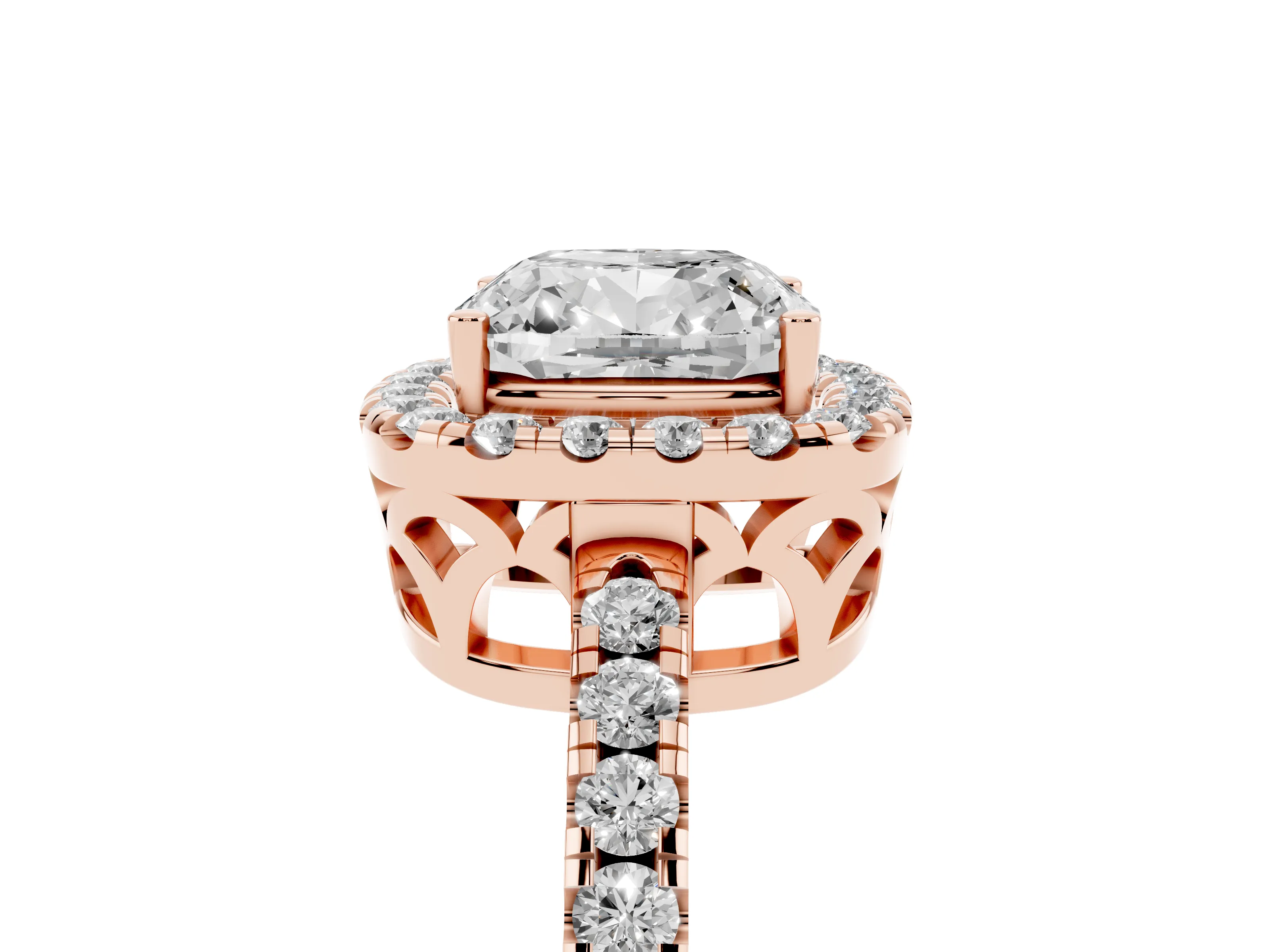 Cushion Cut Diamond Pavé Band Halo Engagement Ring Set in Rose gold with Prong Setting