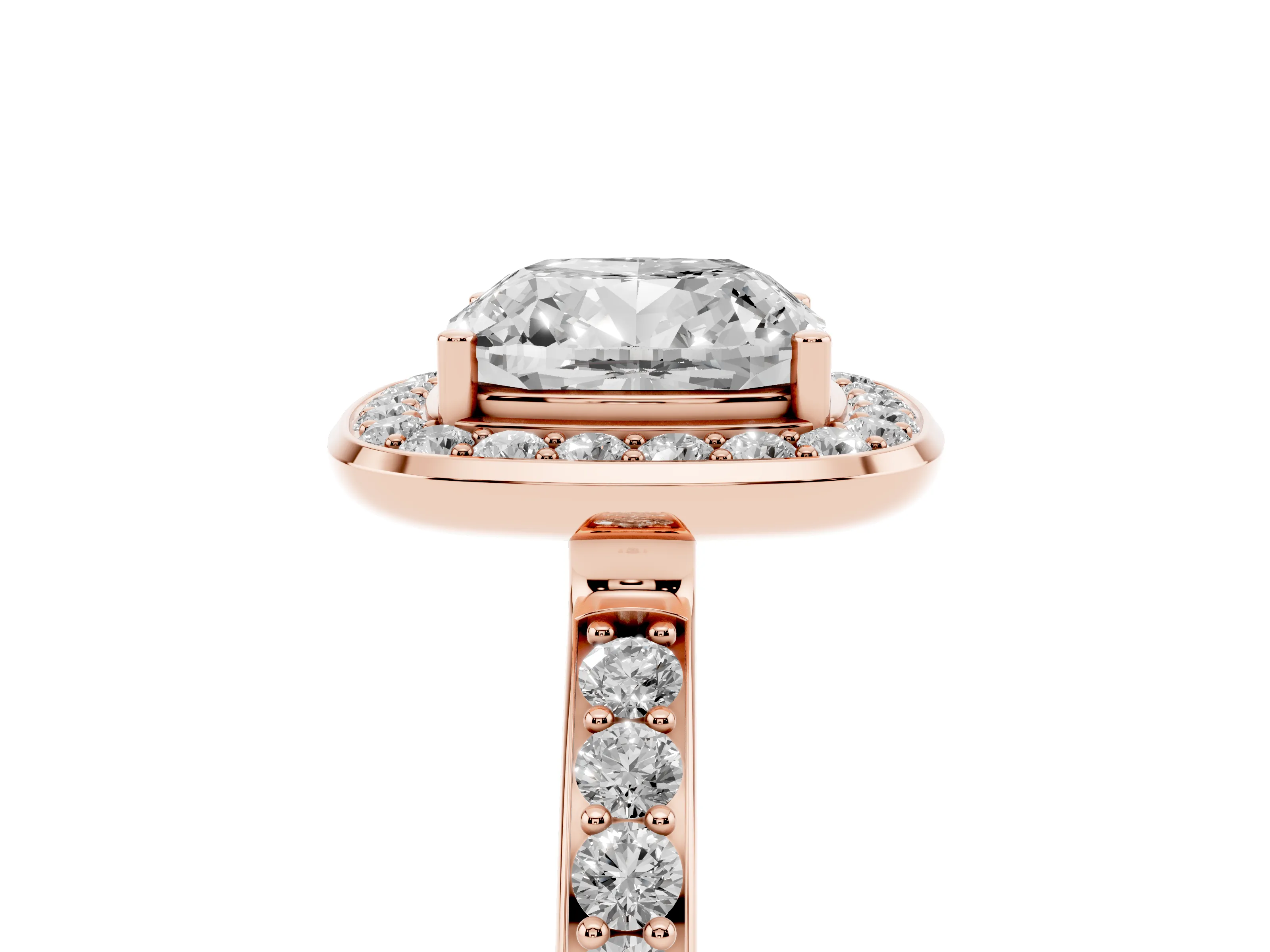 Cushion Cut Diamond Halo Ring Set in Rose gold with Bezel Frame and Pavé Band