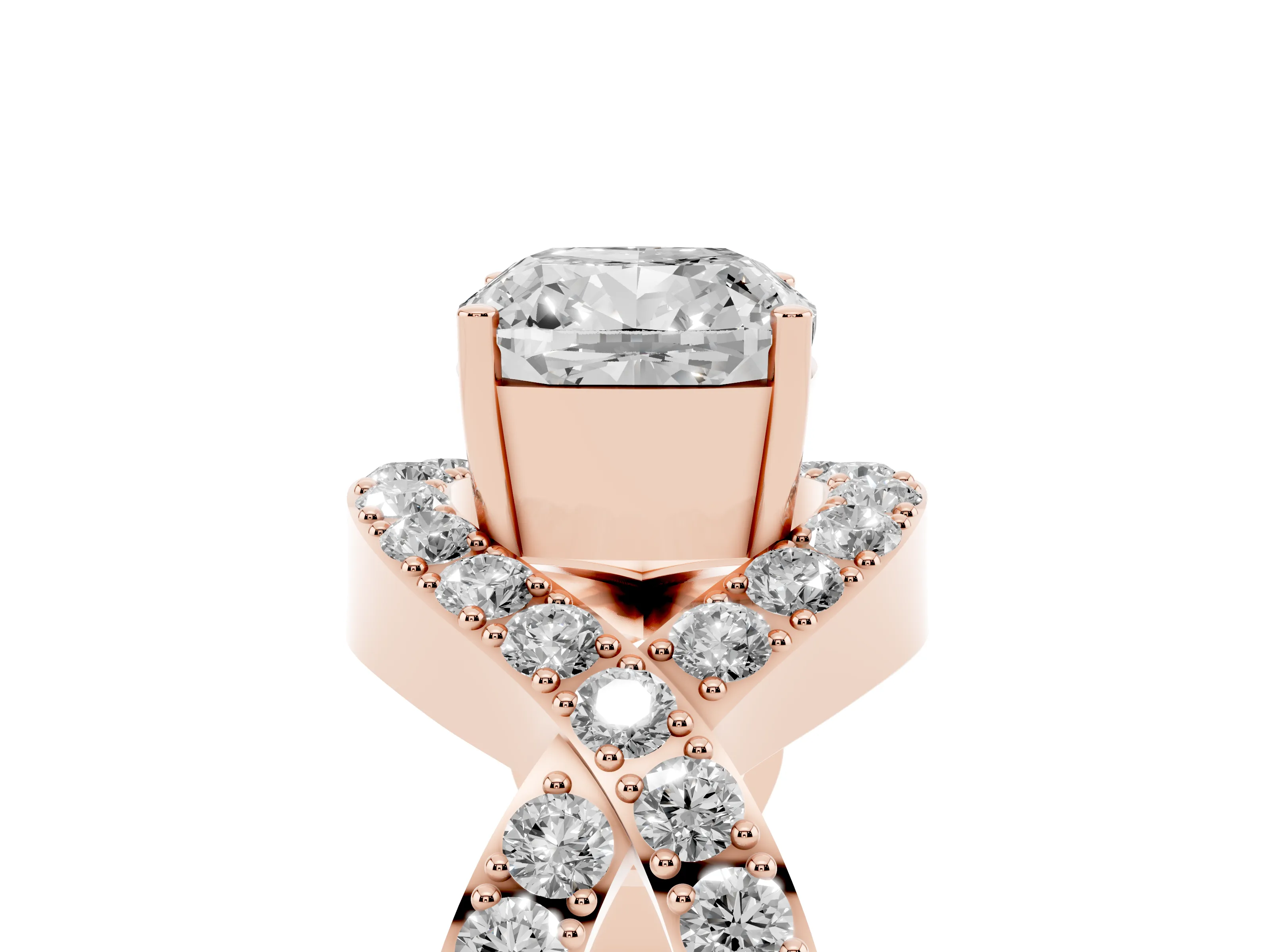 Cushion Cut Diamond Solitaire Twist Band Pavé Engagement Ring Set in Rose gold