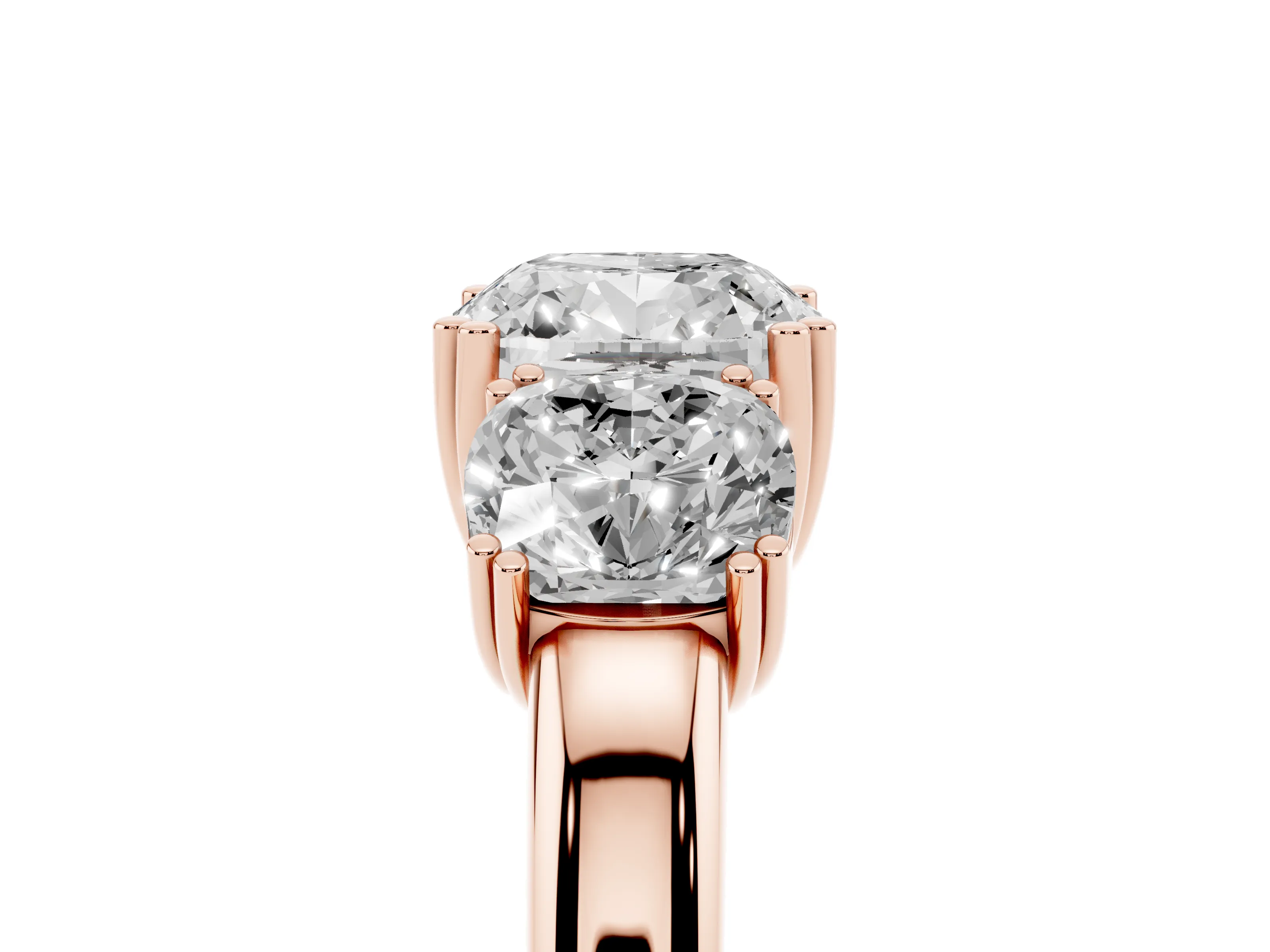 Cushion Cut Diamond Three-Stone Ring Set in Rose gold with Polished Band and Prong Setting