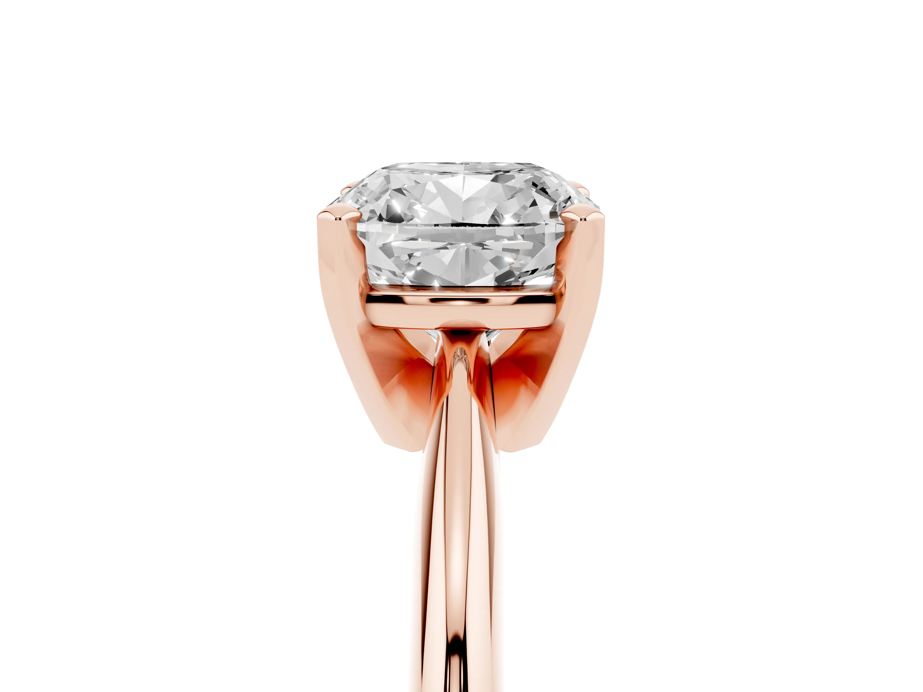 Cushion Cut Diamond Solitaire Ring Set in Rose gold with Prong Setting on a Plain Round Band