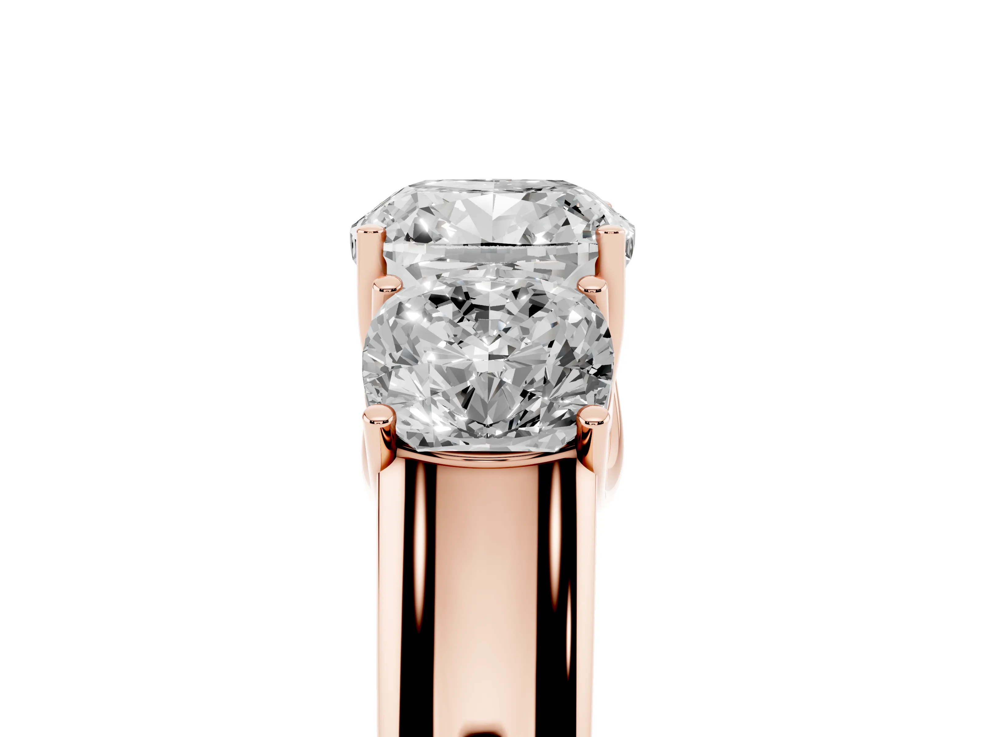Three-Stone Cushion Cut Diamond Ring Set in Rose gold with Matching Prong Settings and Plain Band