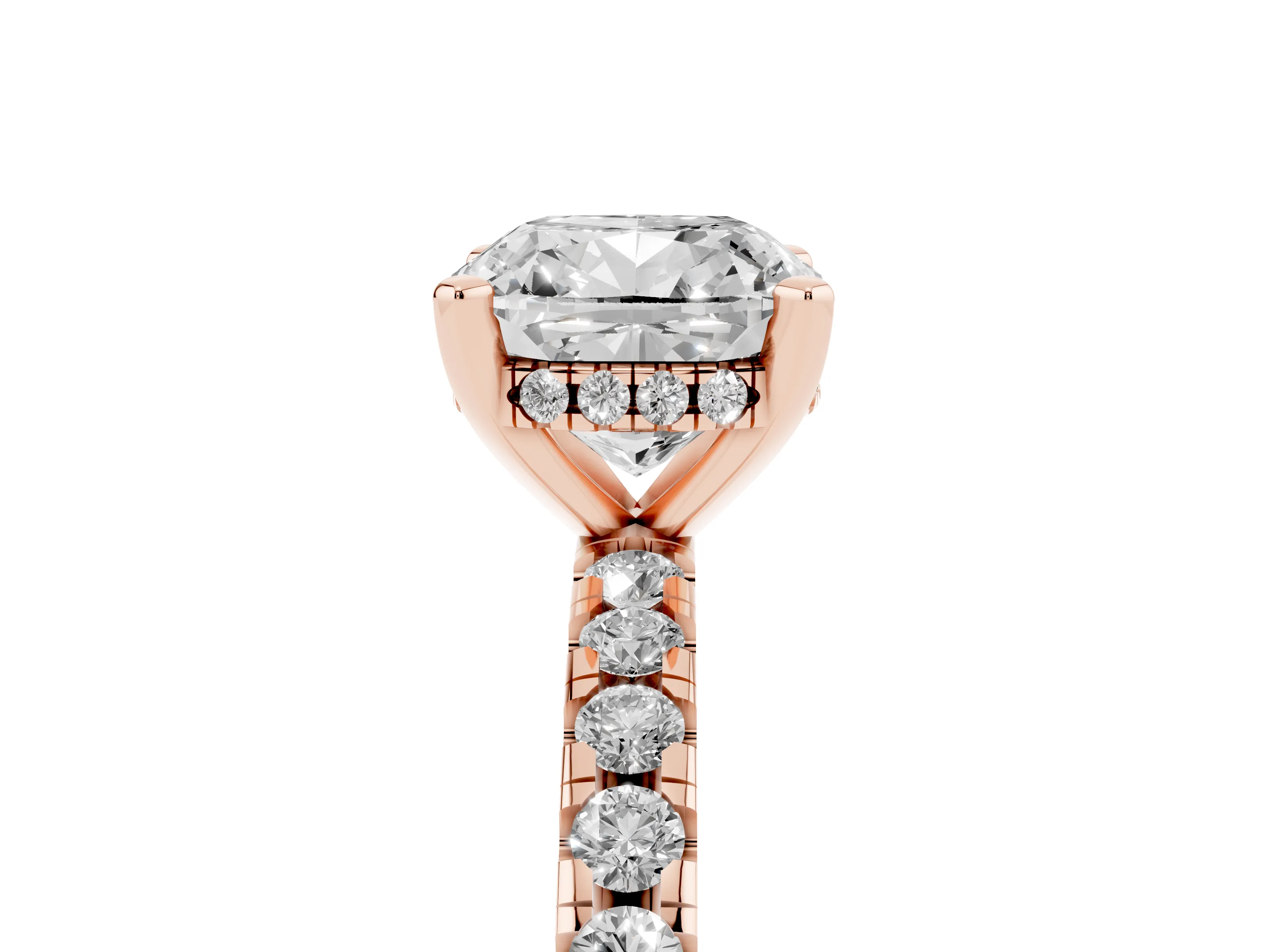Cushion Cut Diamond Pavé Solitaire Ring Set in Rose gold with Round Band Accents and Prong Setting