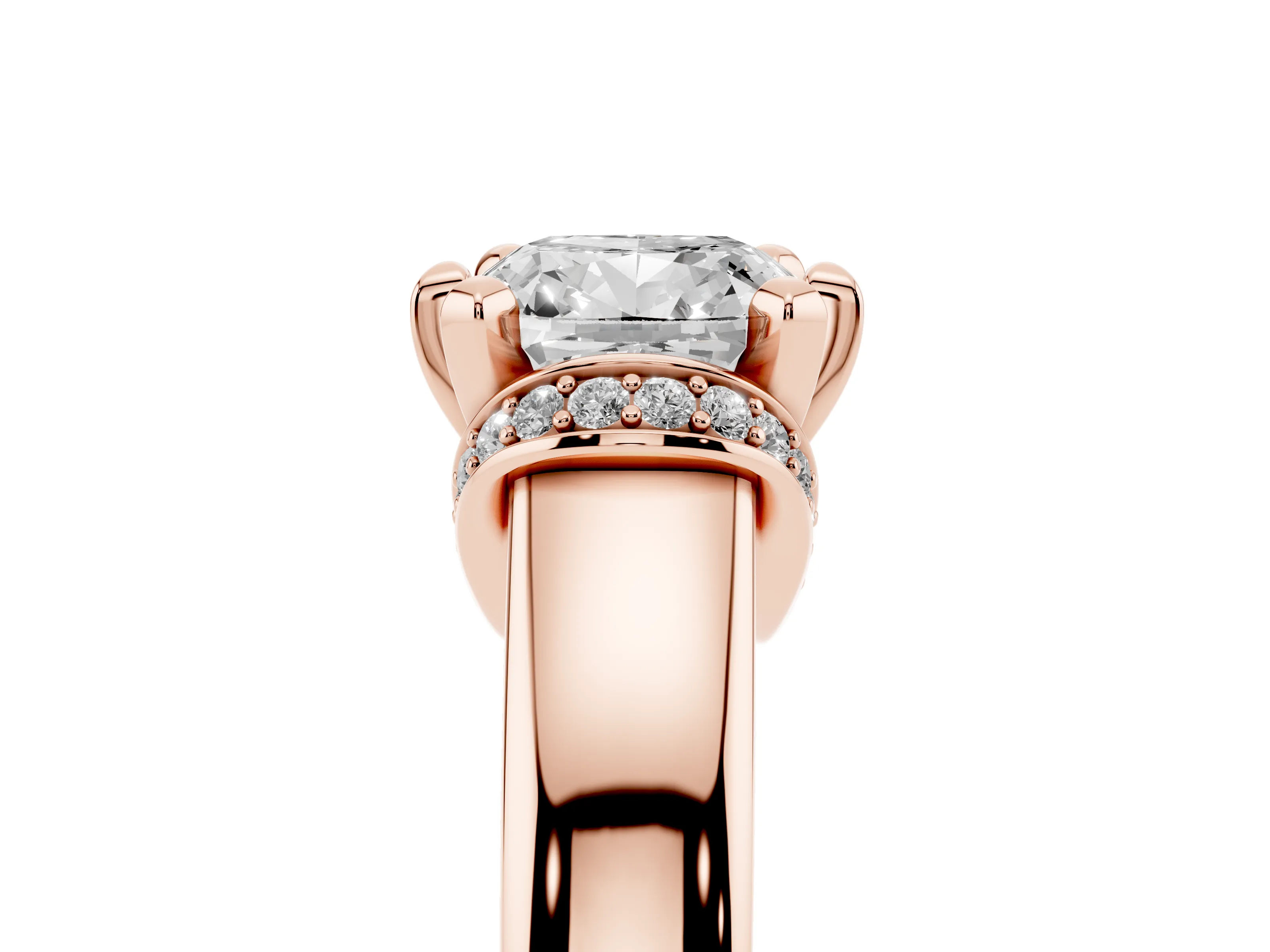 Cushion Cut Diamond Pavé Band Solitaire Ring Set in Rose gold with Prong Setting